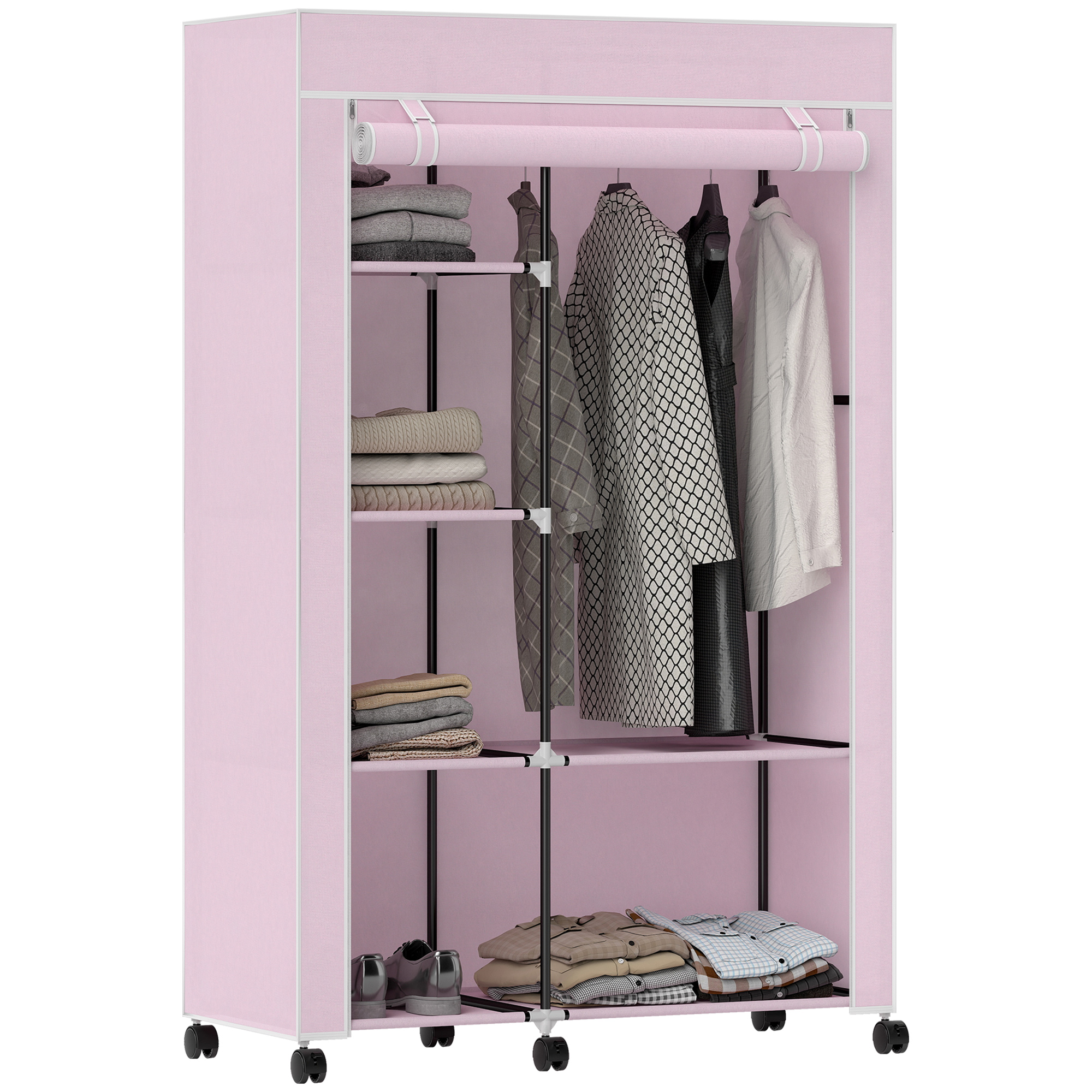 Armoire Rose À Roulettes 103x43x162,5 Cm Avec 6 Étagères Et 1 Tringle