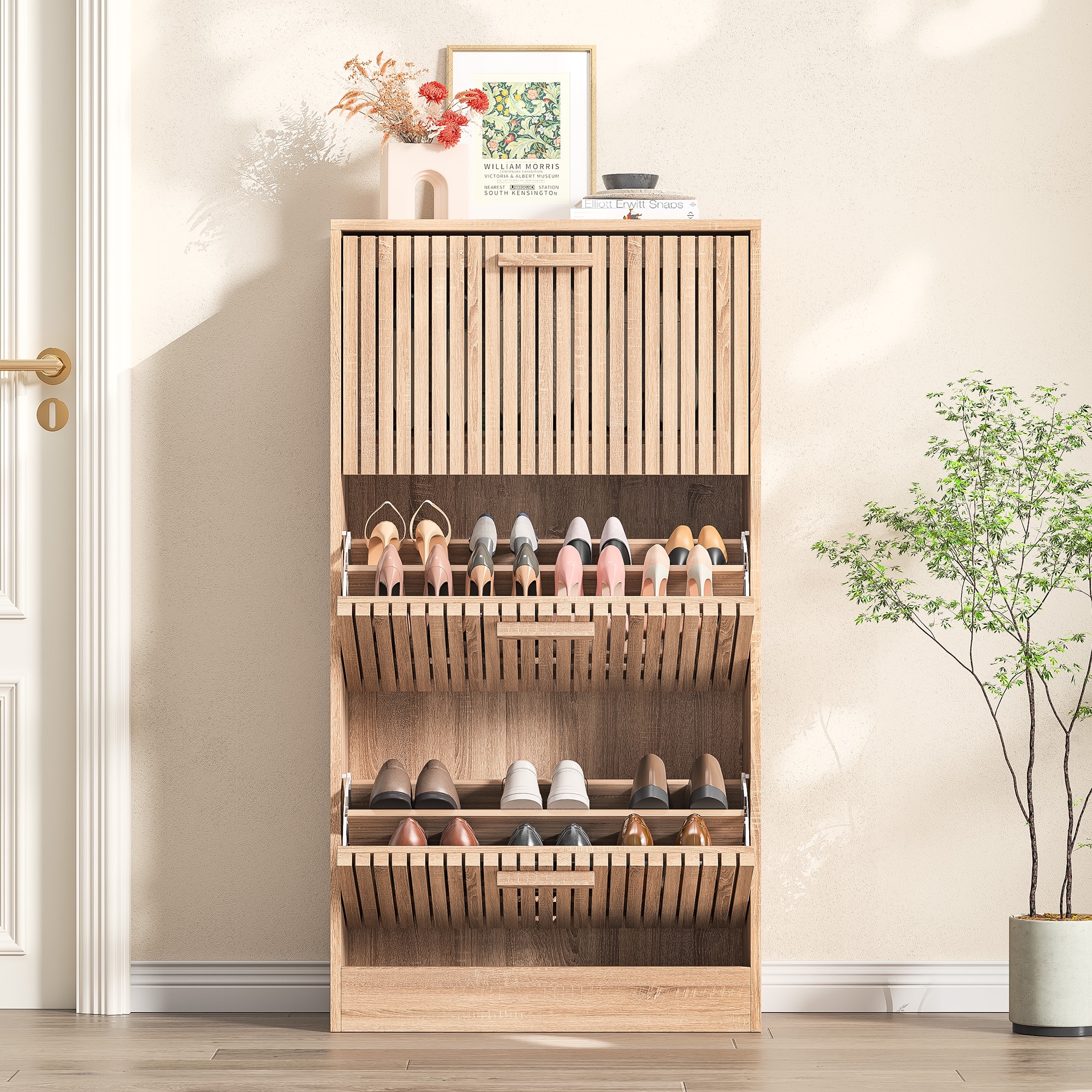 Nmonet - Meuble À Chaussures En Rotin, 3 Niveaux, Adapté Pour Entrée, Chambre, Séjour, 24 X 60 X 113 Cm, Style Scandinave - Naturel