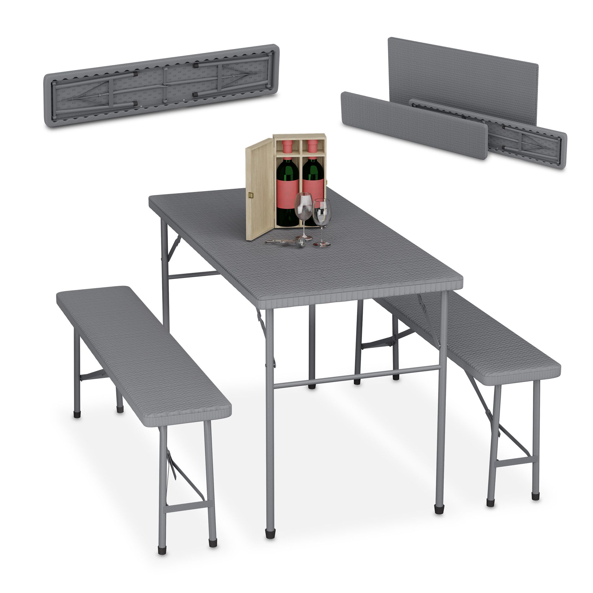 Folding Garden Furniture Set Of 3, Garden Table & Two Benches, Parties, Camping, Hwd, 73 X 120 X 61 Cm, Grey - Relaxdays