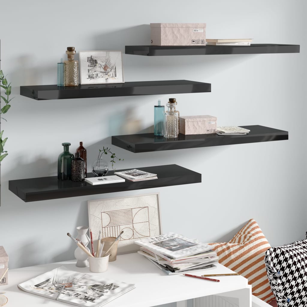 Vidaxl Schwarz Schweberegale 4 Stk. Hochglanz- 80X23,5X3,8 Cm Mdf