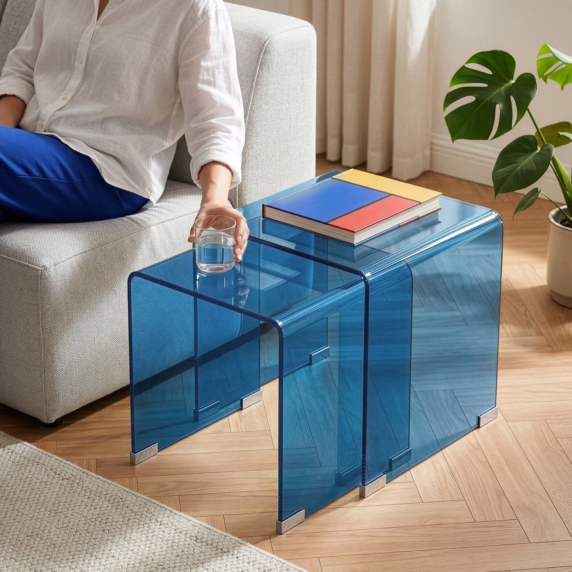 Satztisch Kariengem 2-tlg. Glas Blau [en.casa]