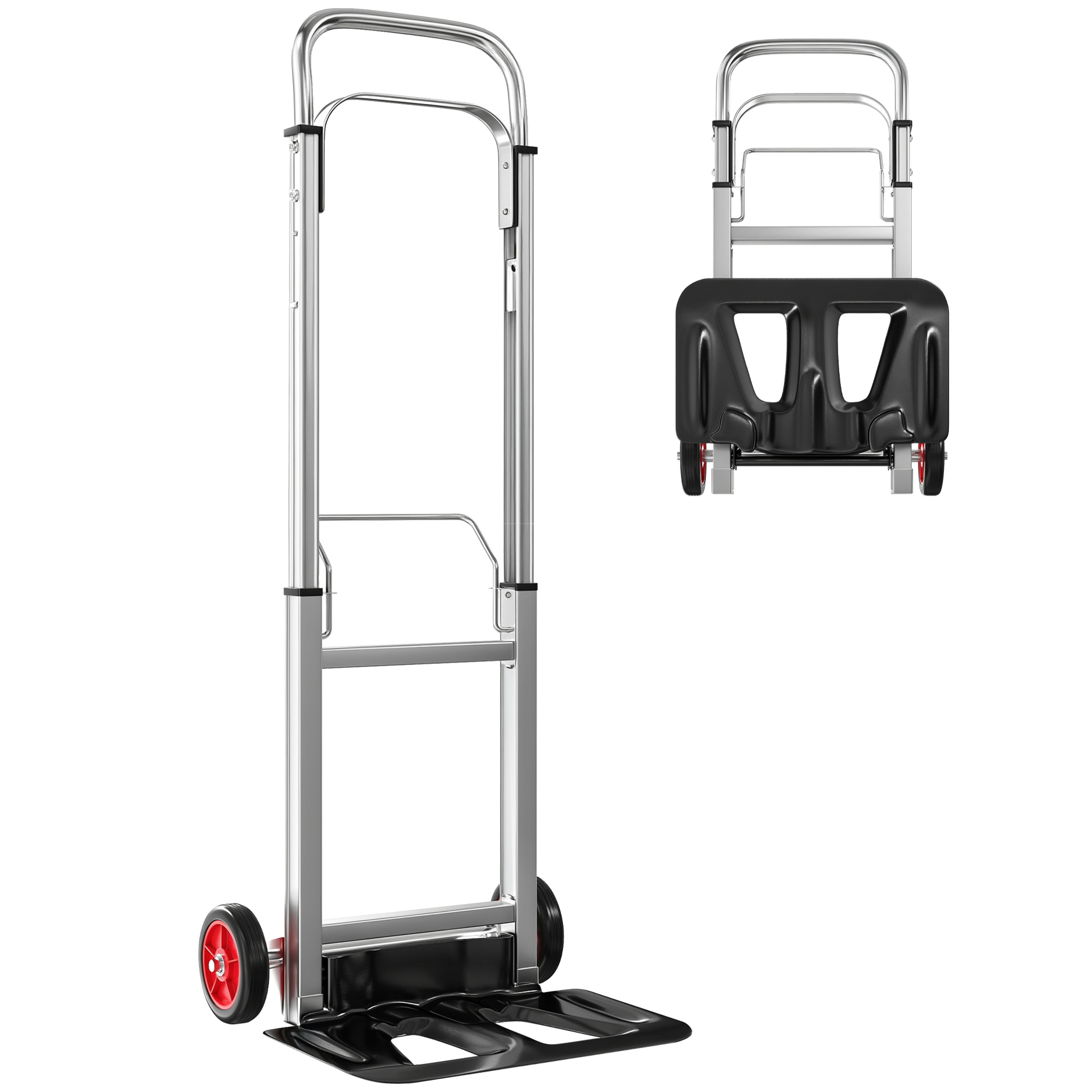 Chariot pliant en aluminium, capacité 90 kg, poignée télescopique réglable, roues PU silencieuses, gris et noir