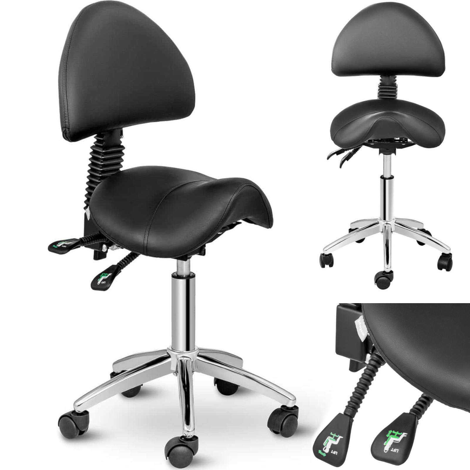 Physa Schwarz Bürostuhl, Sattelstuhl Drehstuhl Arbeitsstuhl Rollhocker Mit Lehne Verstellbar (55 - 69 Cm) - Image 3