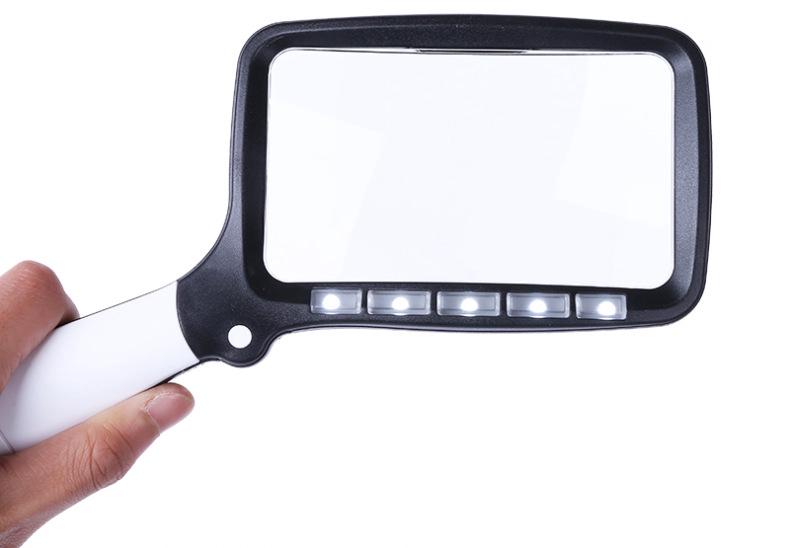 Loupe de lecture rectangulaire à 5 LED, grossissement 2x, lentille 10,5 x 6,5 cm, poignée pliable