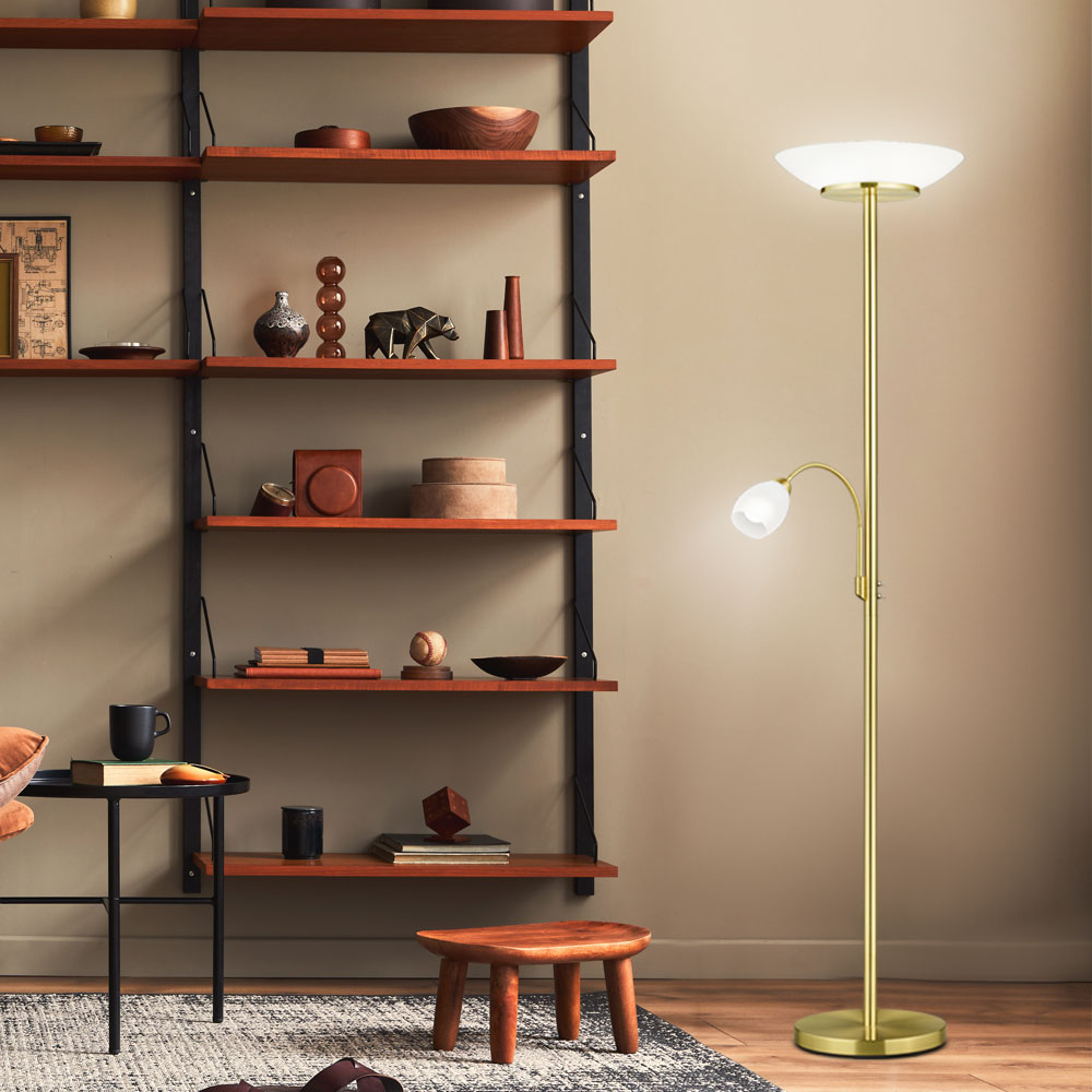Lampada Da Terra Lampada Da Terra Lampada Da Soggiorno Proiettore Da Soffitto In Metallo Colori Ottone Con Spot Di Lettura Flessibile, Commutabile Separatamente, Paralume In Vetro, 2x E27 1x E14, Dxh