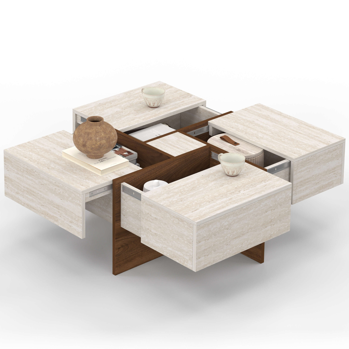 Table Basse Carrée Talia 70 Cm Avec Tiroirs Bois Effet Noyer Et Plateau