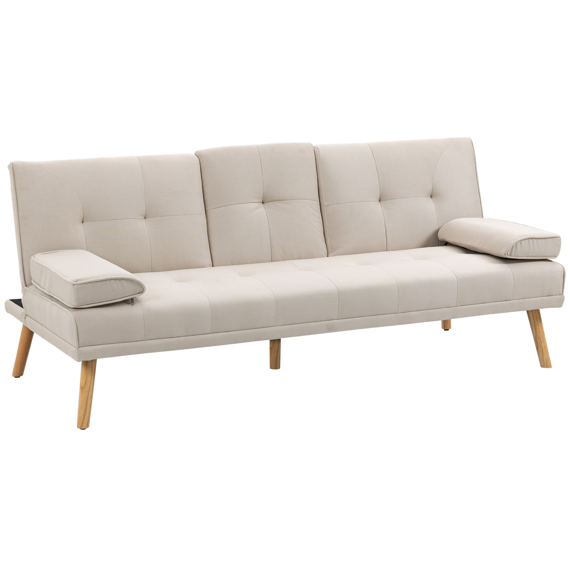 Homcom Schlafsofa, 3-sitzer Sofa, Schlafcouch Mit Klappbarem Tisch, Becherhalter, Bettsofa Mit Leinenoptik, Couch Gästebet Für Wohnzimmer, Beige