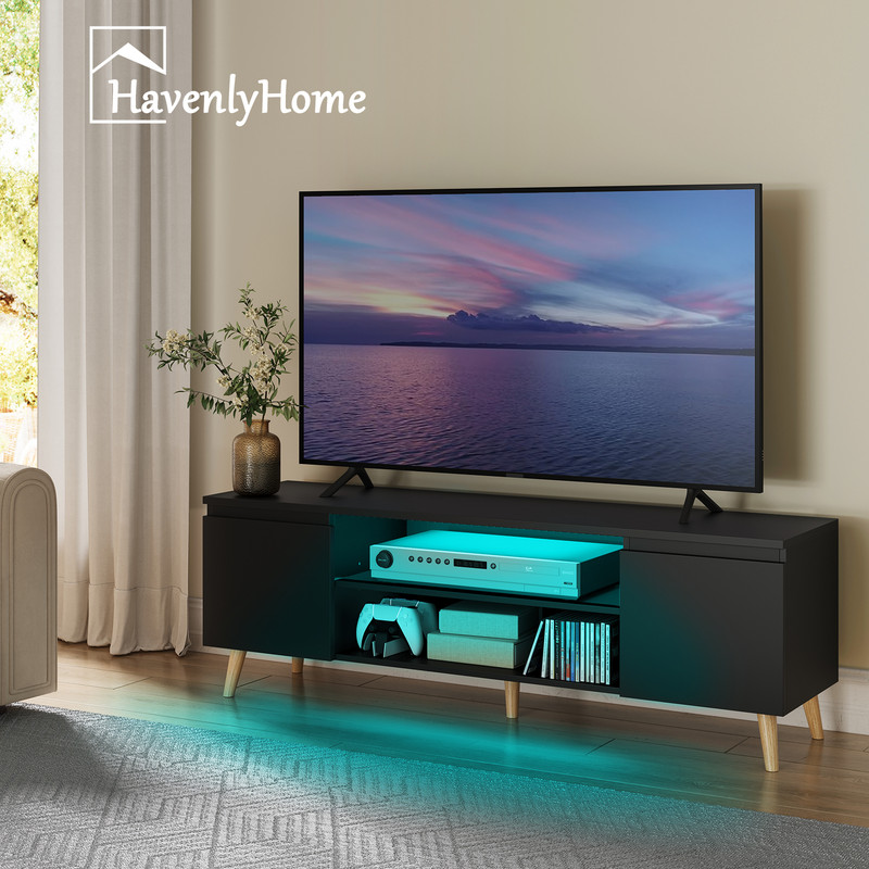 Havenlyhome - Meuble Tv Led 120 Cm Meuble Tv En Bois Avec 2 Portes Et 2
