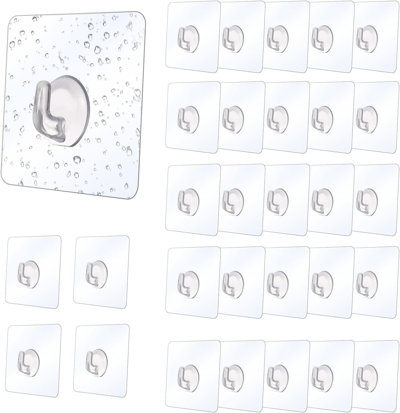 Crochet adhésif transparent réutilisable, fixation sans percer, charge 8 kg, 6 x 6 cm, lot de 30