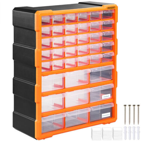 Organiseur extensible 39 tiroirs avec étiquettes, casier à vis et petites pièces, 16x38x47,5 cm, polypropylène, orange/gris
