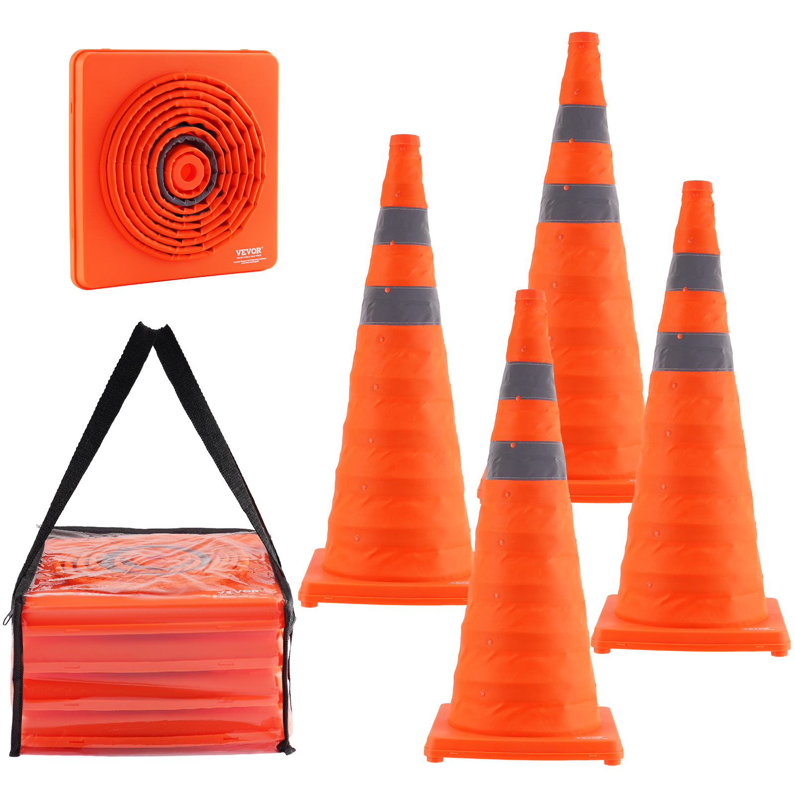 Vevor Safety Cones, 4 Pack 28 Inch Collapsible Traffic Cones, Construction Cones With Reflective Collars, Wide Base And A Storage Bag, For Traffic