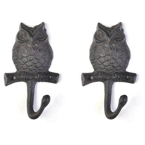 Crochet mural en fonte forme hibou, finition antique, lot de 2