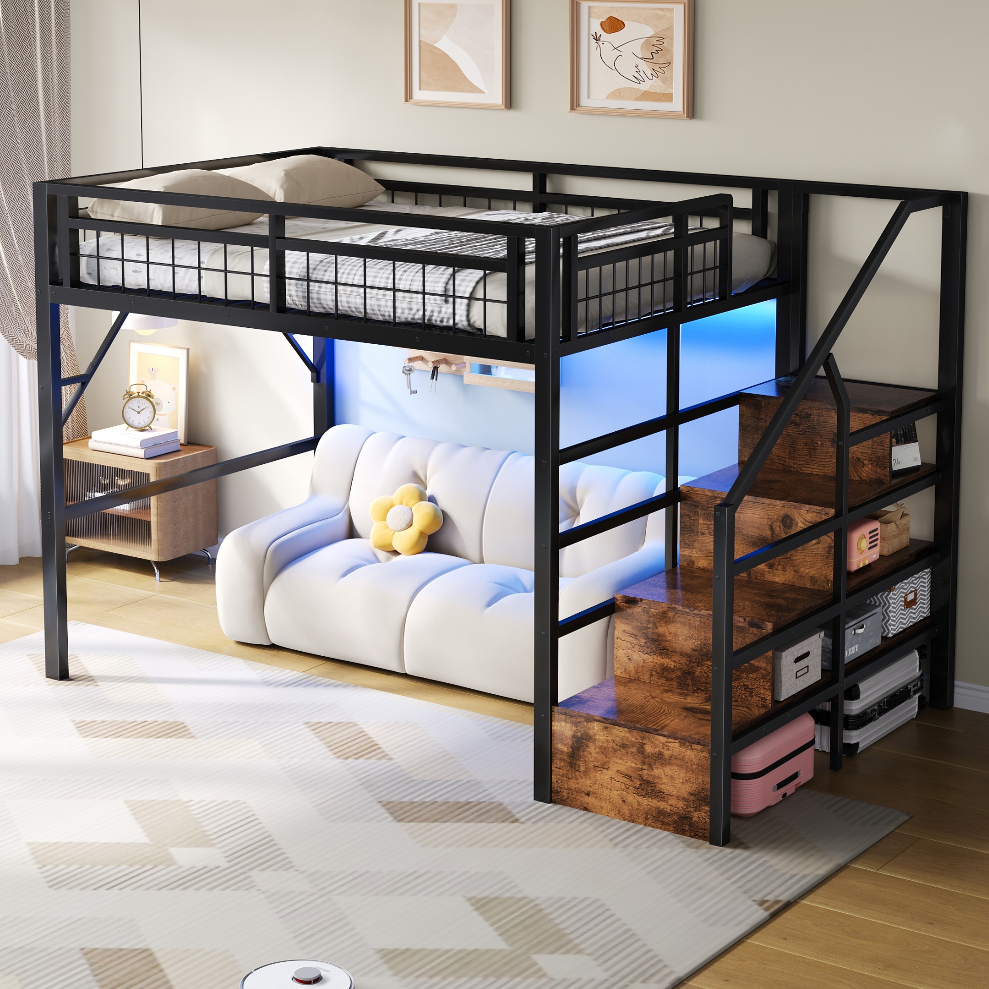 Modenvie Hochbett 140×200 Cm, Doppelbett Mit Led Verstellbar, Treppe Mit Stauraum Und Freiraum, Ohne Matratze, Schwarz