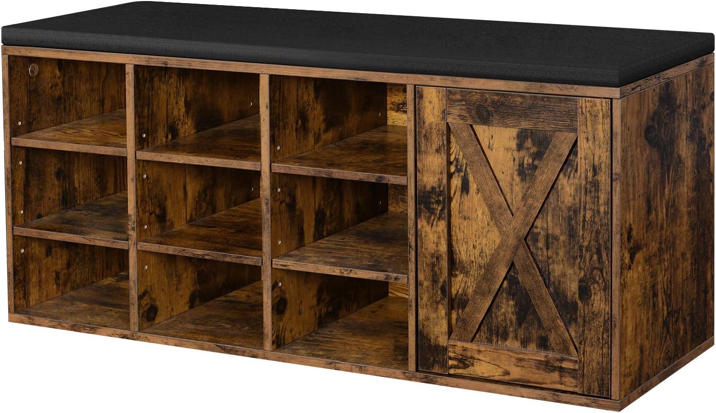 Vasagle – Banc À Chaussures Avec Coussin Rembourré – Étagère À 9 Casiers Réglables – Placard Avec Porte De Grange – Dimensions 110 X 30 X 48 Cm – Marron Rustique