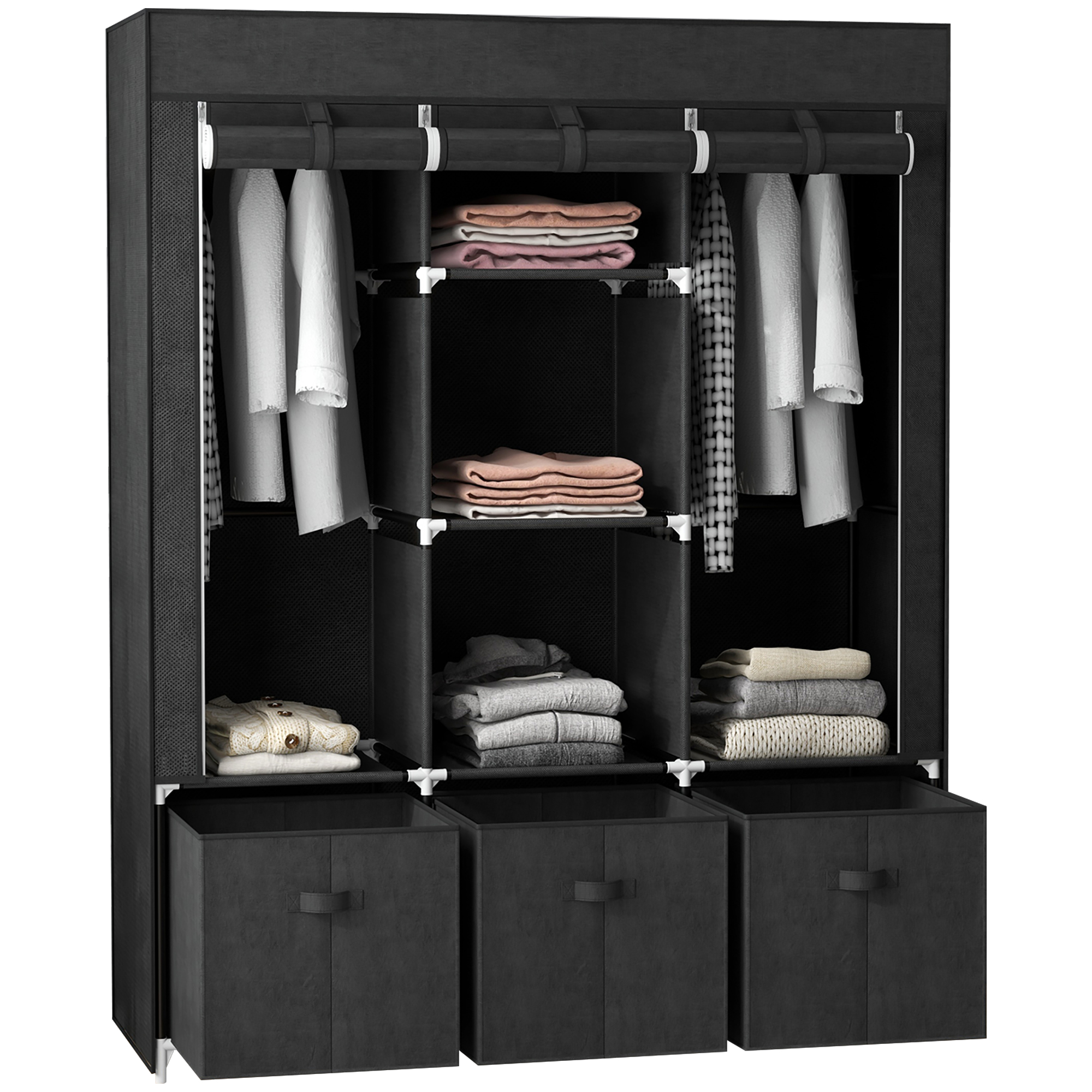 Kleiderschrank Stoffschrank Mit Kleiderstange, Schubladen, Reißverschluss Faltschrank Für Schlafzimmer, Ankleidezimmer, 125 X 43 X 162,5 Cm, Schwarz - Homcom