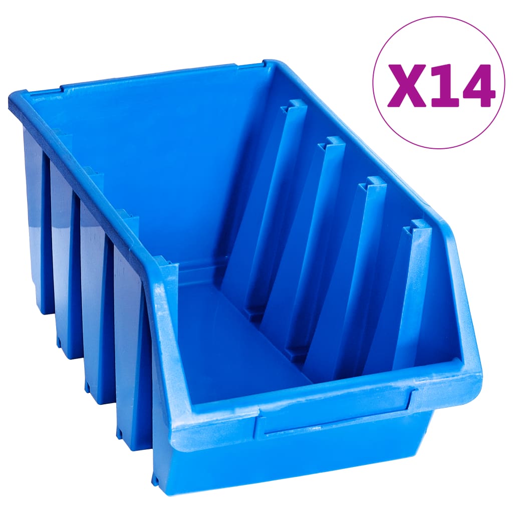 Bac de rangement empilable en plastique bleu, 204 x 340 x 155 mm, fente d'étiquetage, lot de 14