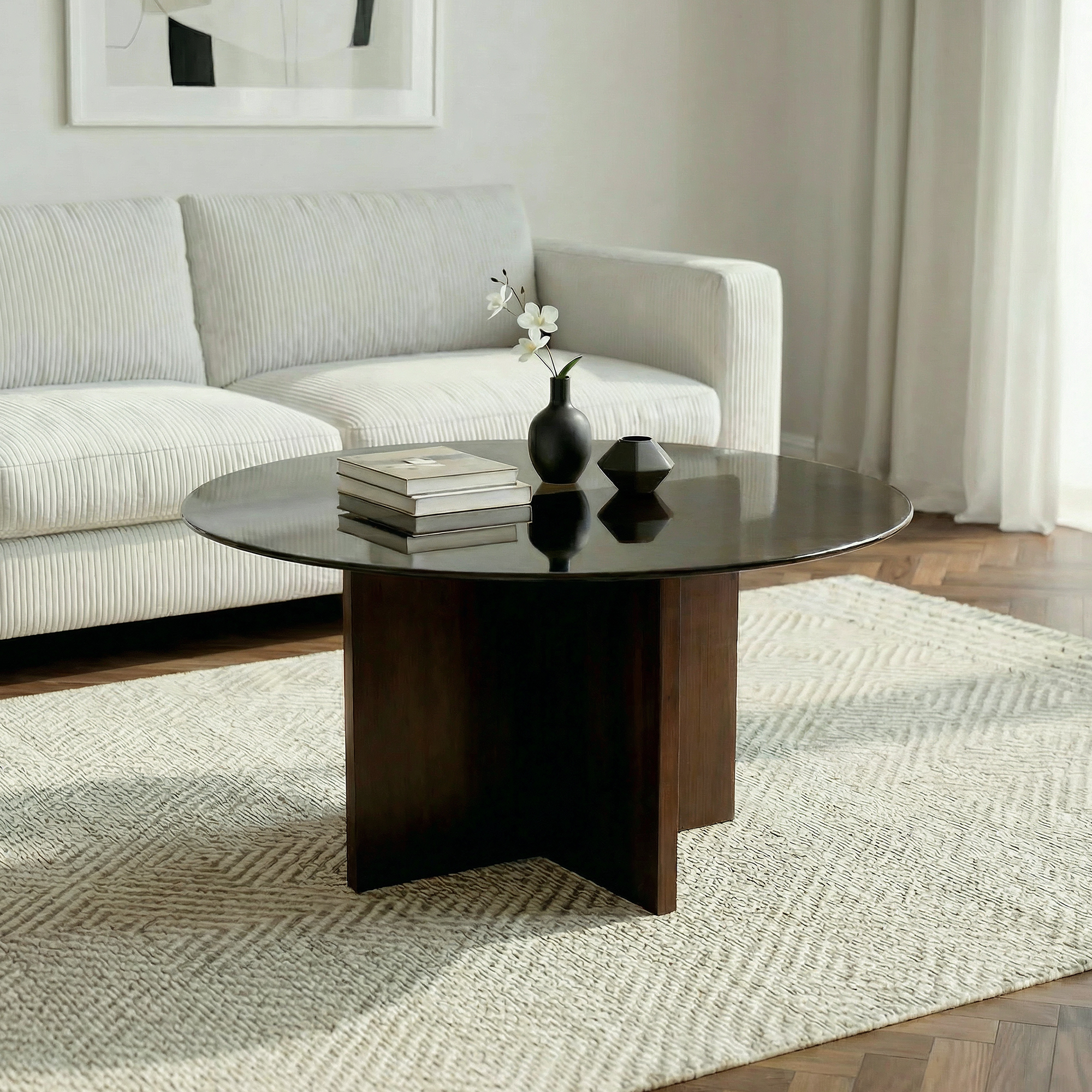 Table Basse Ronde Ø80cm Verre Trempé Noir Et Structure Noyer Giulia