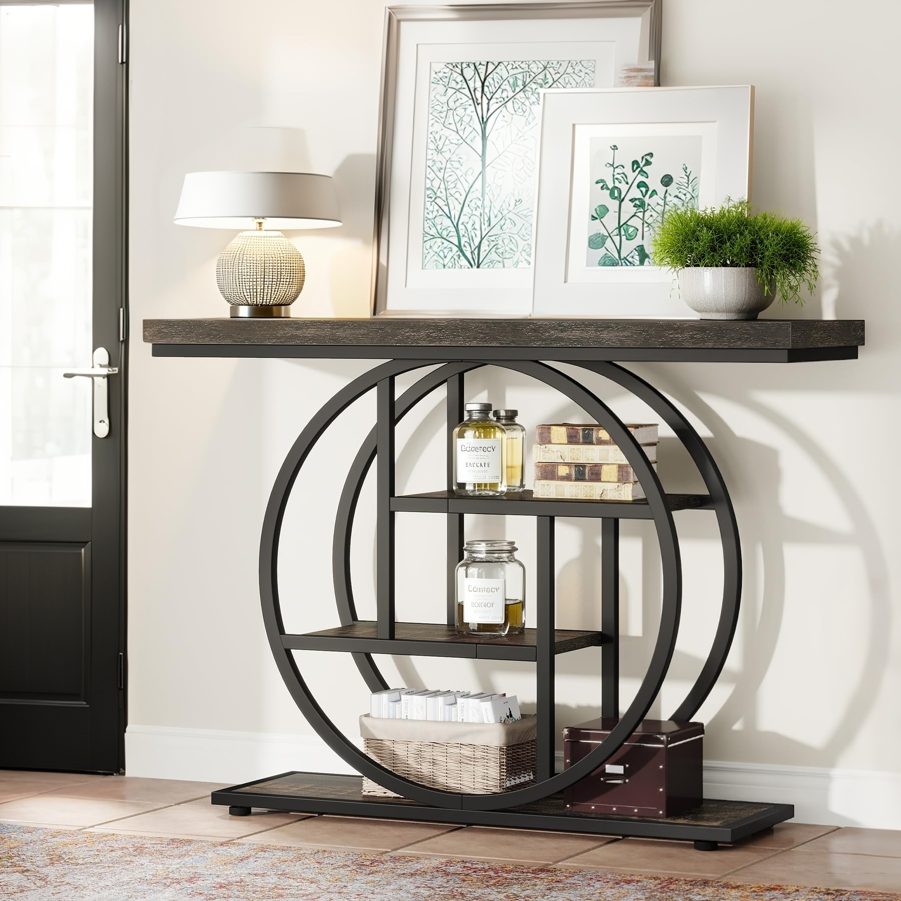 Console, Table D'Entrée, 105 X 30 X 80 Cm, 4 Niveaux Décalés, Étagère De Rangement Noire + Grise