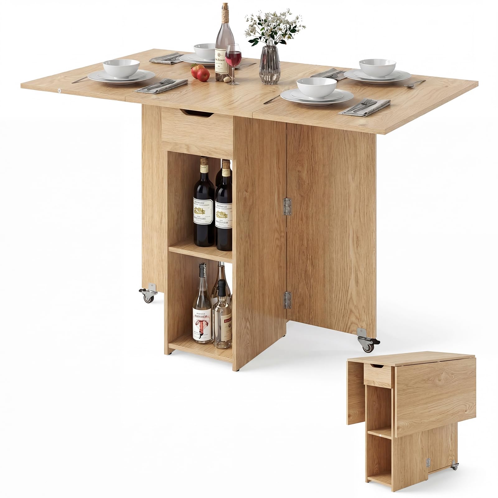 Costway – Table Extensible 4 Personnes Avec 2 Étagères Et Tiroir – Pliable Pour Petits Espaces – Bois D'Ingénierie – Dimensions 120x72x75 Cm