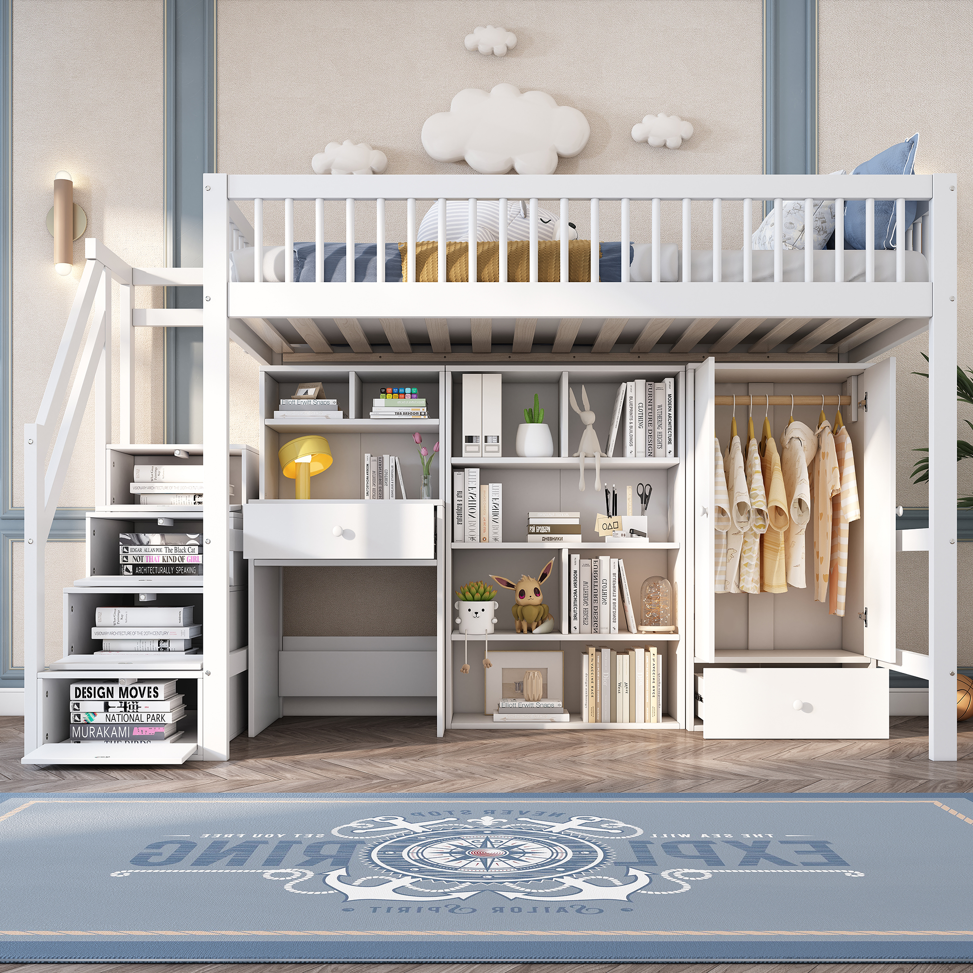 Lit Mezzanine Multifonctionnel En Bois Et Mdf - 90x200 Cm - Avec Escalier De Rangement, Bureau Et Armoire - Blanc(sans Matelas)