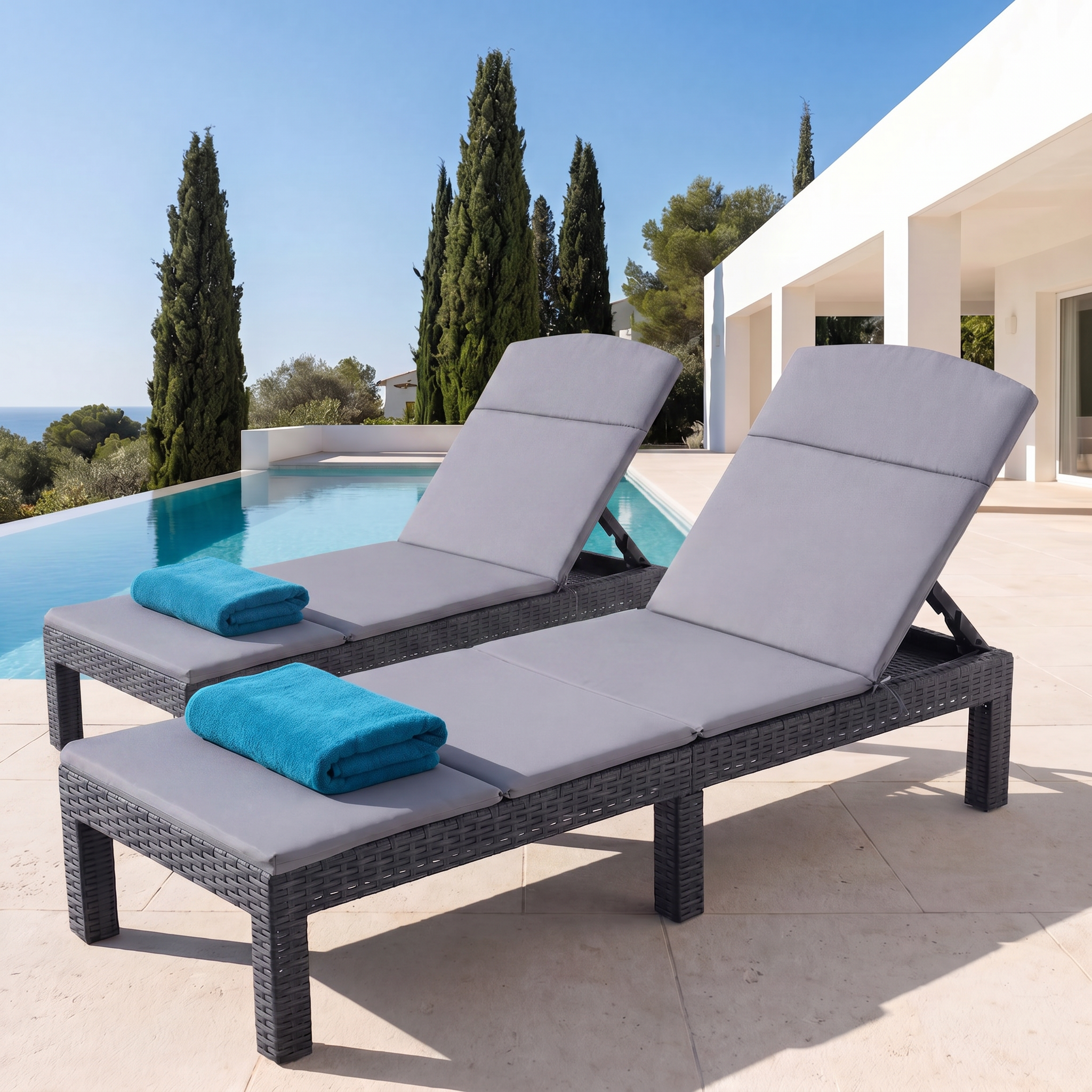 Lot De 2 Bain De Soleil -chaise Longue De Jardin Avec Coussin Gris