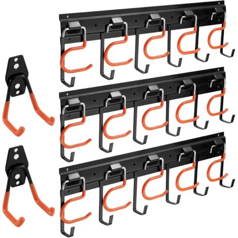 Organisateur mural en acier au carbone, 3 rails de 43 cm et 15 crochets réglables, noir