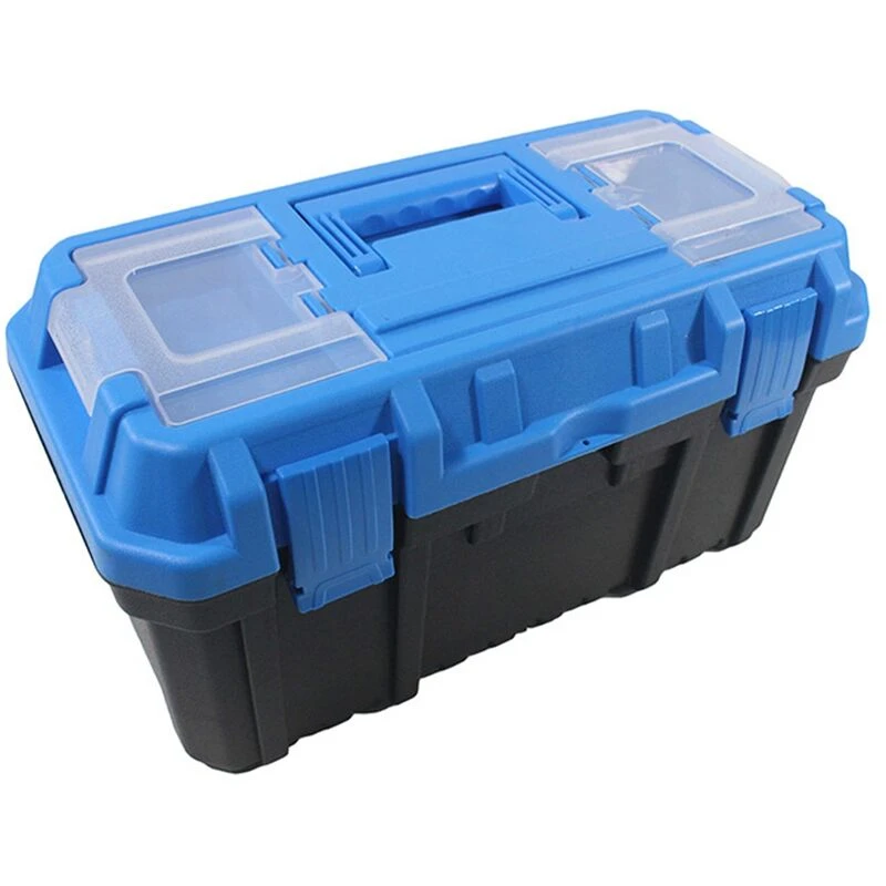 Boîte à outils 38 cm en plastique PP avec plateau amovible et couvercle transparent, bleu et noir