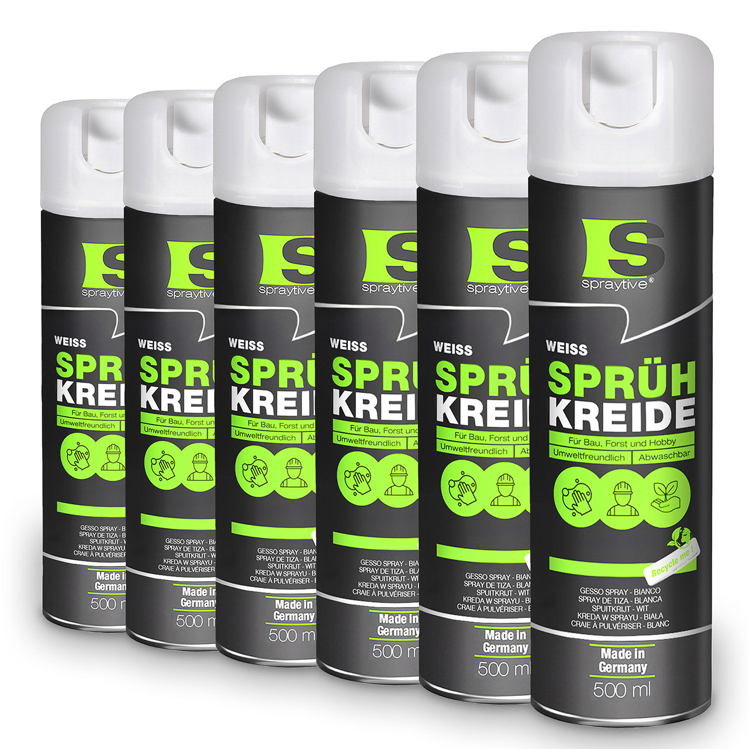 Spraytive 6x 500ml Sprühkreide Weiß - Abwaschbare Leuchtende Kreidefarbe, Outdoor Kreidespray, Bodenmarkierung, Temporäres Markierungsspray
