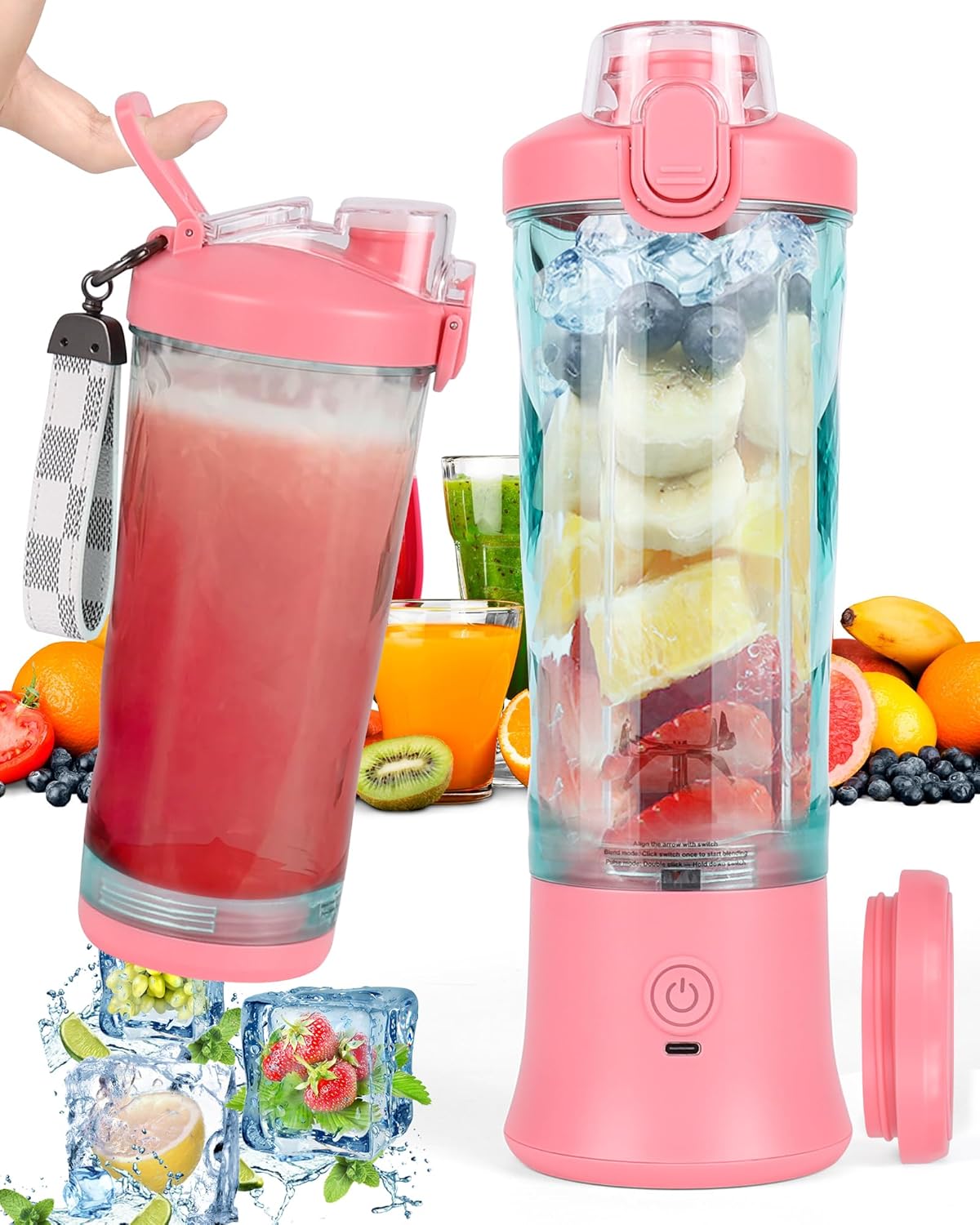 Frullatore Portatile Da 600 Ml Con 6 Lame, Batteria Da 4000 Mah, Capacità 25 Tazze, Ideale Per Ufficio, Campeggio E Viaggi, Colore Rosa.