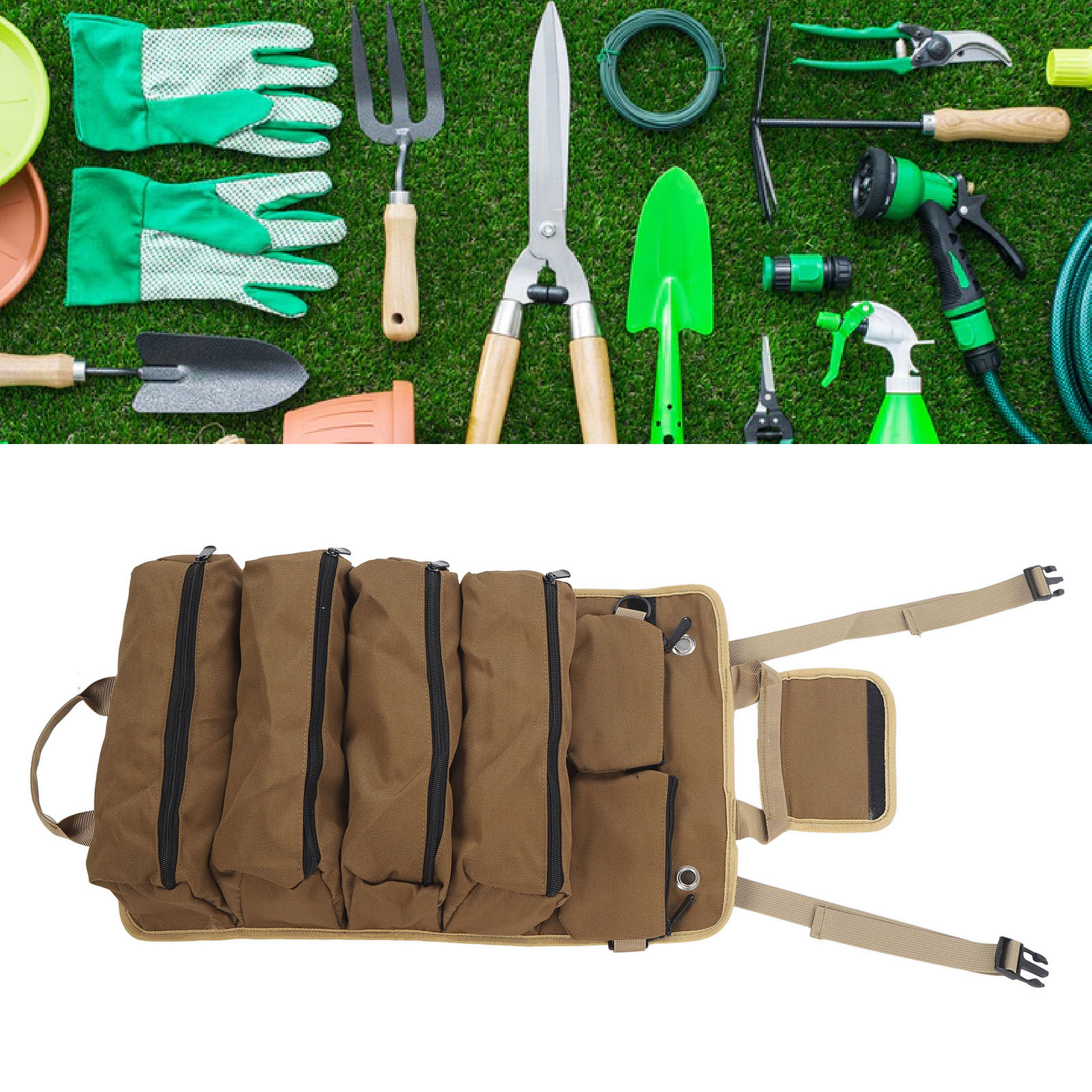 Sac à outils enroulable en tissu Oxford, poches individuelles, poignée et sangle, kaki