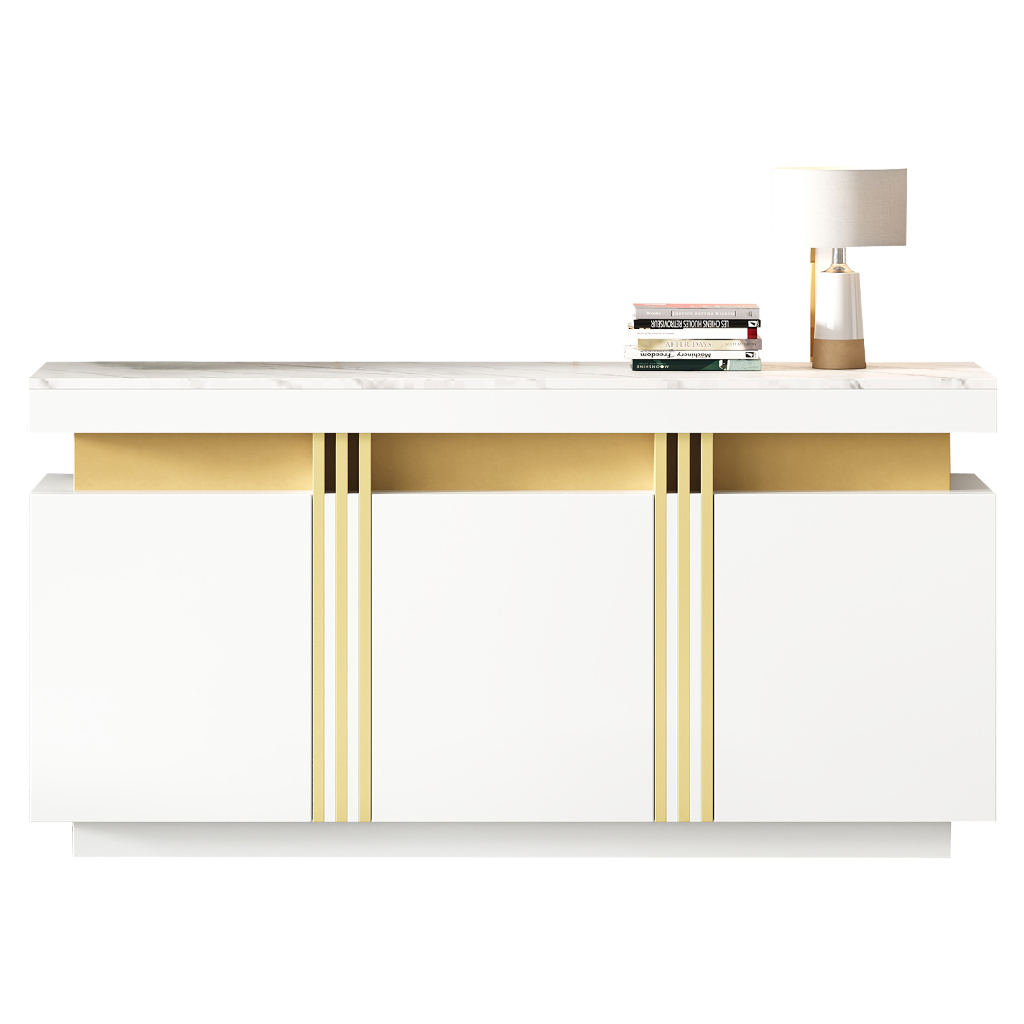 Stilvora Sideboard Mit 3 Türen Und 6 Fächern, Verstellbare Einlegeböden, Marmoroptik, Aus Spanplatte, Weiß, 140×38×70 Cm