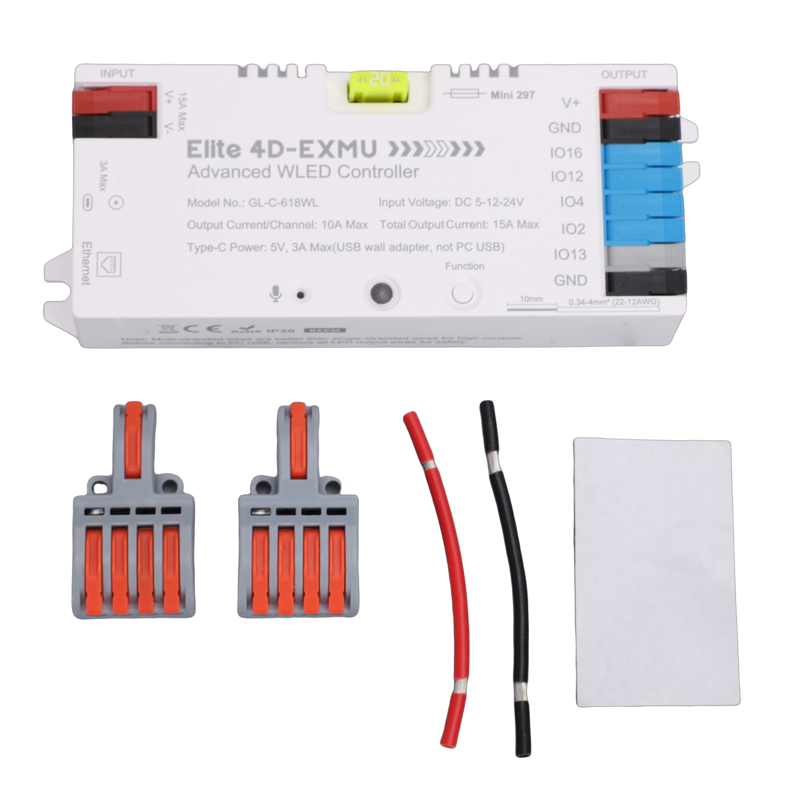 Controller Wled A 4 Uscite Per Strisce Led, Con Microfono Ethernet Uart, Relè Fusibile Da 20 A Per Rgb Indirizzabile