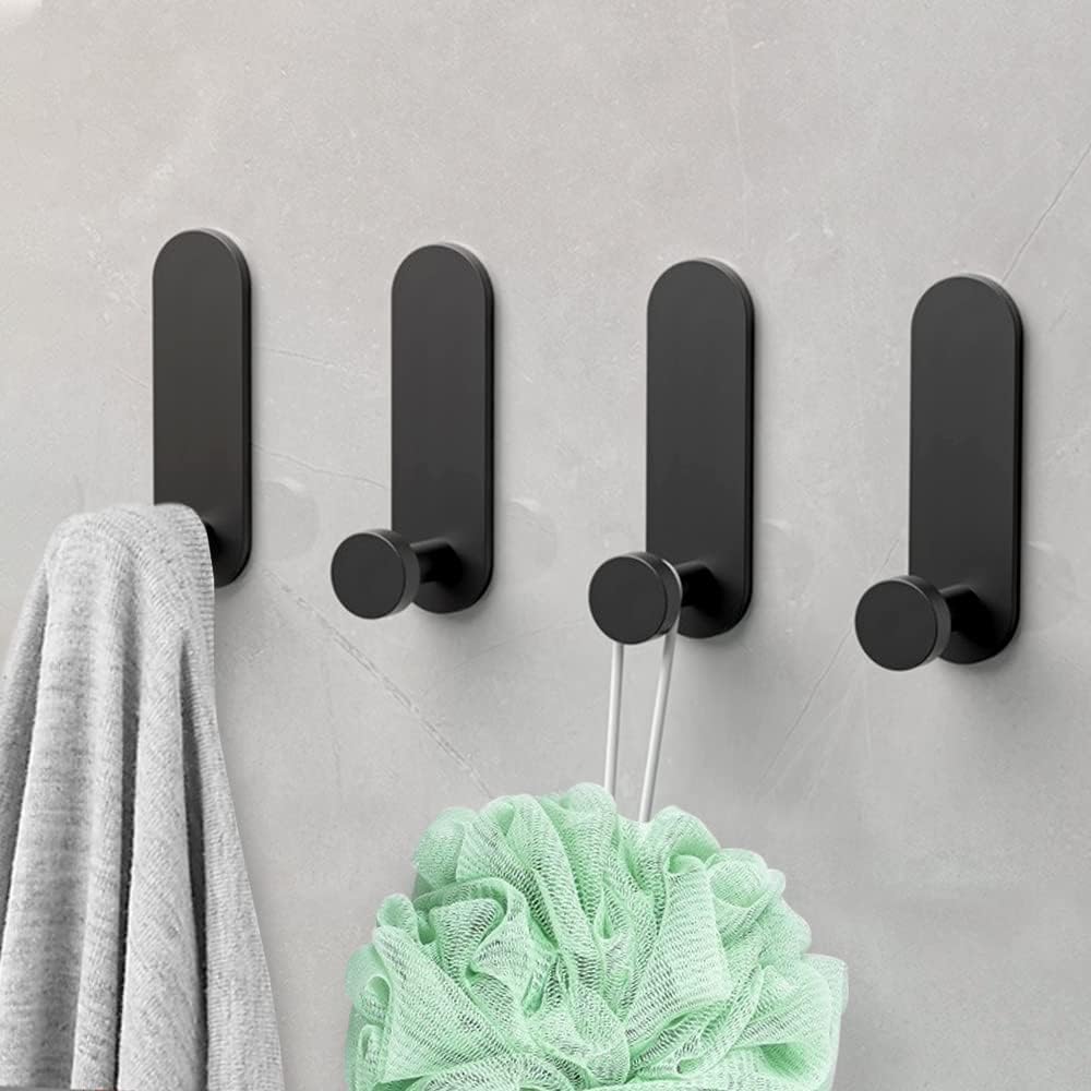 Crochet adhésif mural en aluminium, sans perçage, pour salle de bain, cuisine et bureau, noir, lot de 4