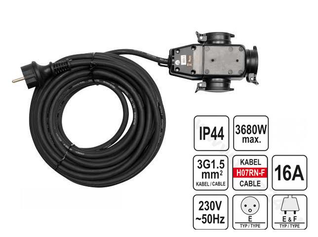 Yato Schwarz Verlängerungskabel Mit 3-Fach-Verteiler 20 M H07rn-F