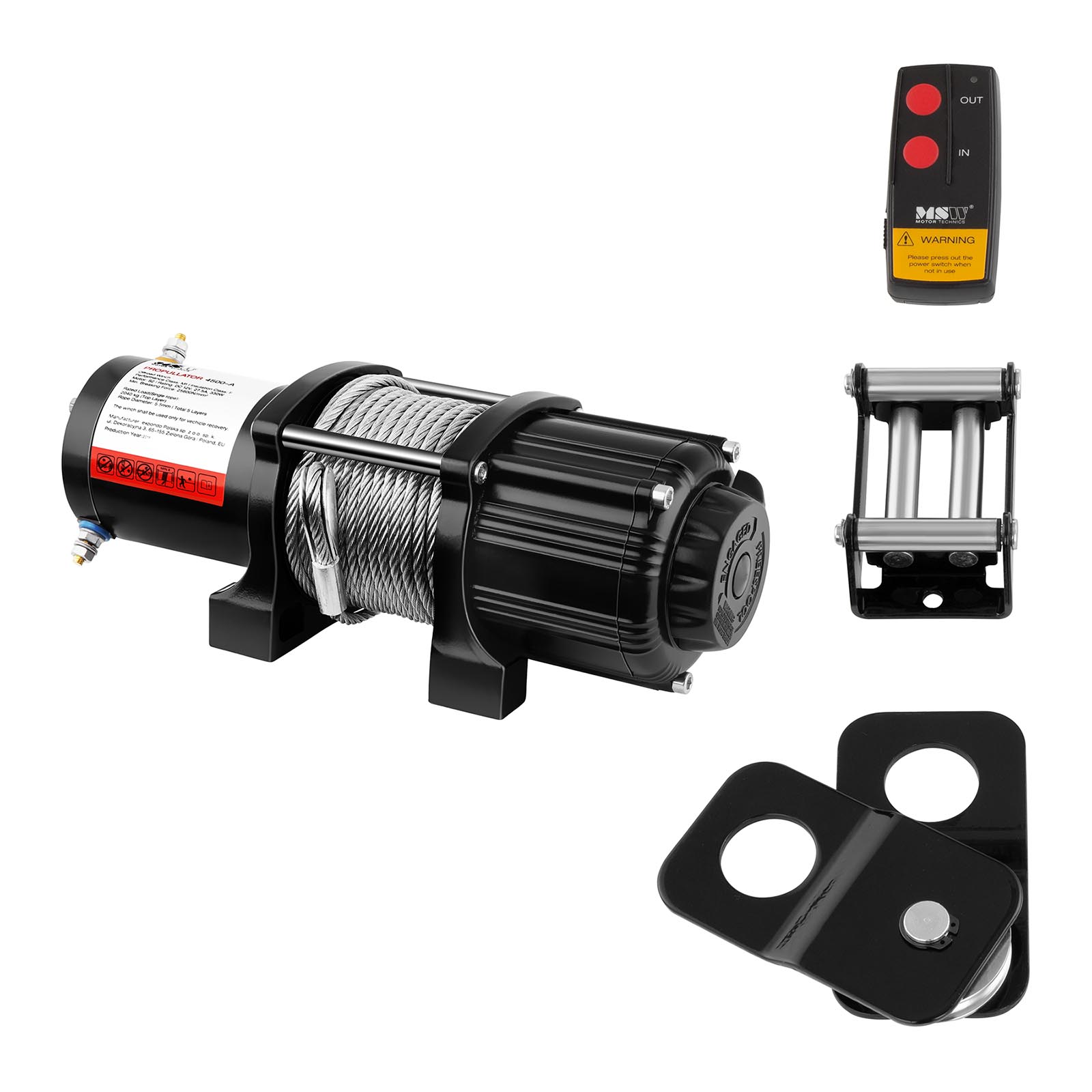 Msw Schwarz Offroad-Seilwinde 2.040 Kg 4.500 Lbs 12 V 15 M Stahlseil Inkl. Umlenkrolle - Seilwinden 12V - Image 2