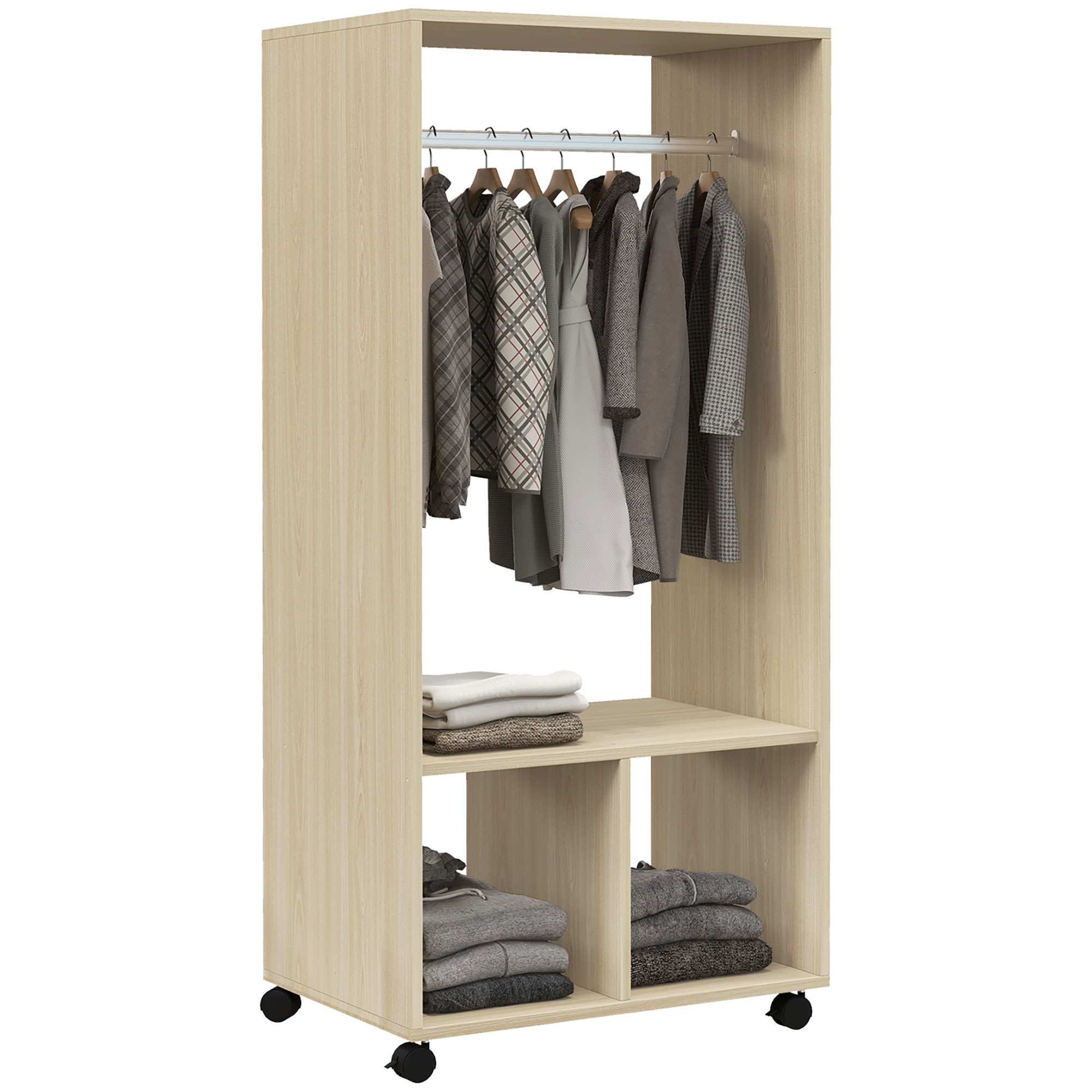 Armoire Penderie Étagère 2 Niches Penderie 4 Roulettes Pivotantes Dim.