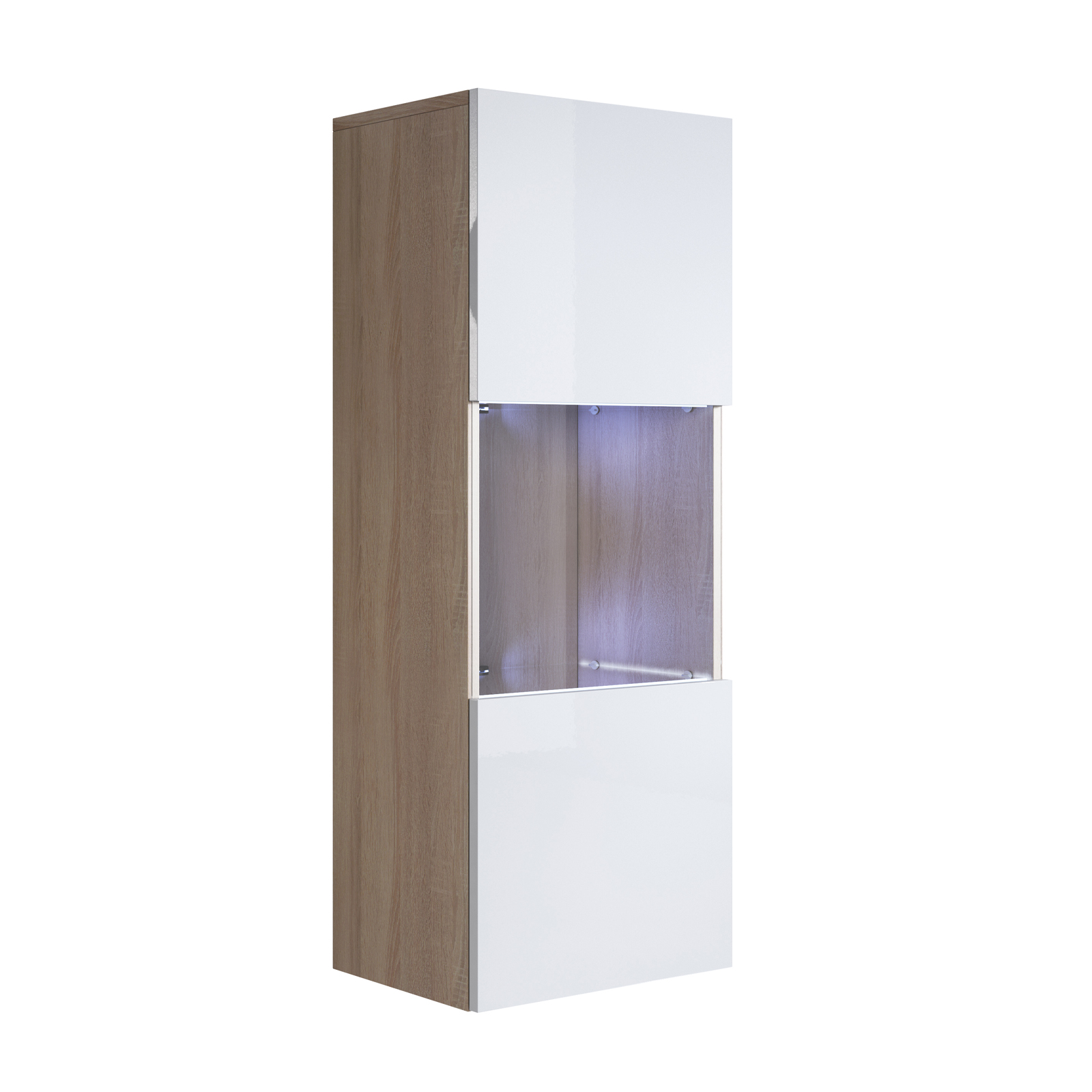 Vitrine Murale 1 Porte Avec Led Meuble De Rangement Suspendu 40x126x29cm 3 Compartiments Modèle Luke V3 Sonoma Mat Et Blanc Finition Brillante