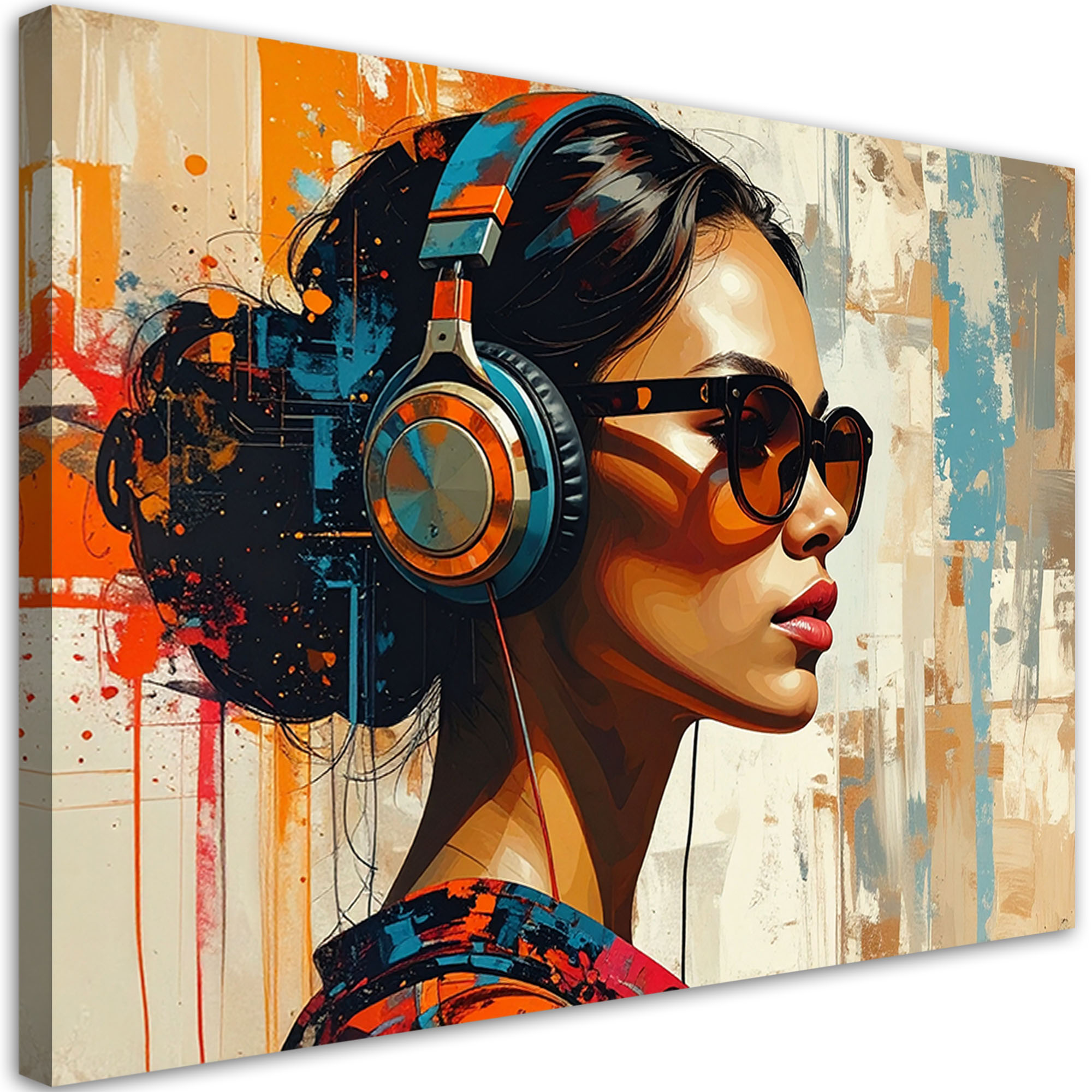 Quadro Su Tela Donna Con Cuffie E Occhiali 45x30