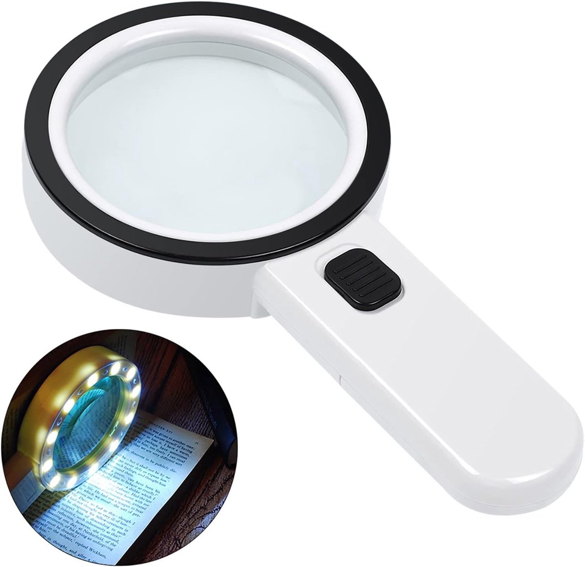 Loupe à main 30x avec éclairage 12 LED, double lentille en verre véritable, 2 piles AA