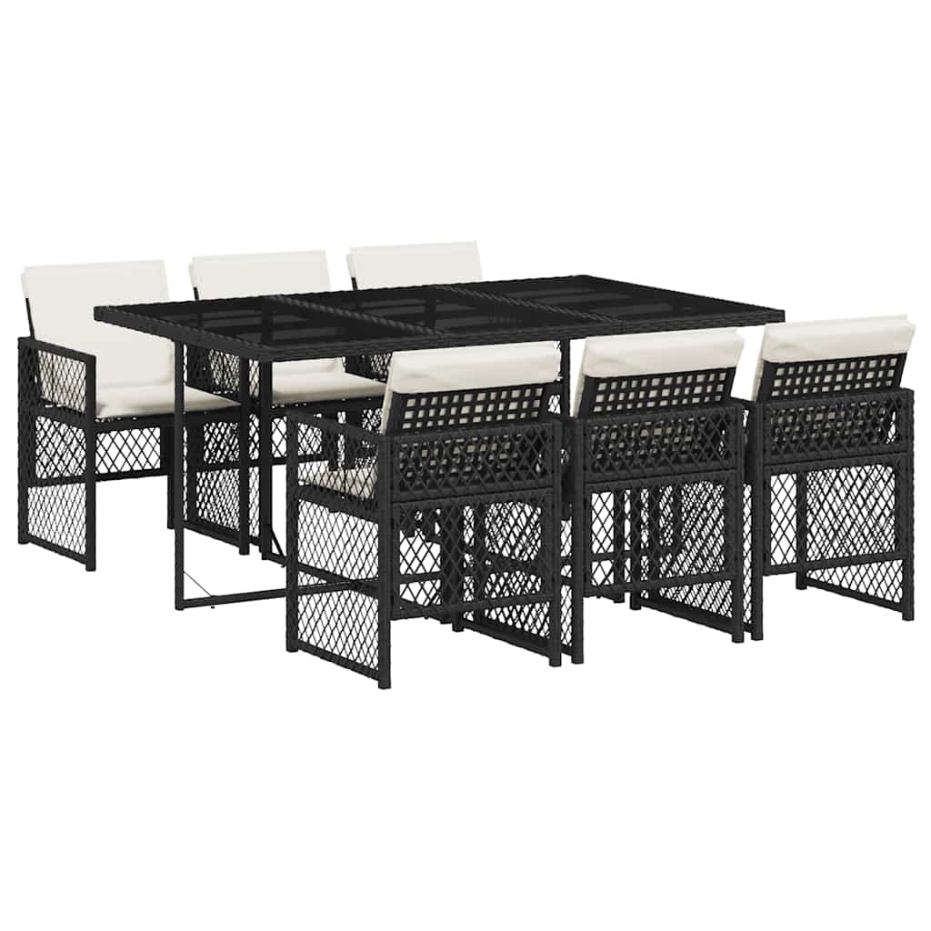 7 Piece Garden Dining Set With Cushions Black Poly Rattan Vidaxl
