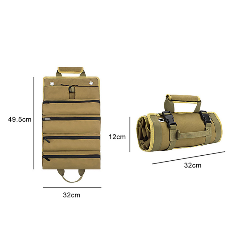 Sacoche à outils enroulable en tissu Oxford, 4 compartiments et 2 pochettes amovibles, kaki