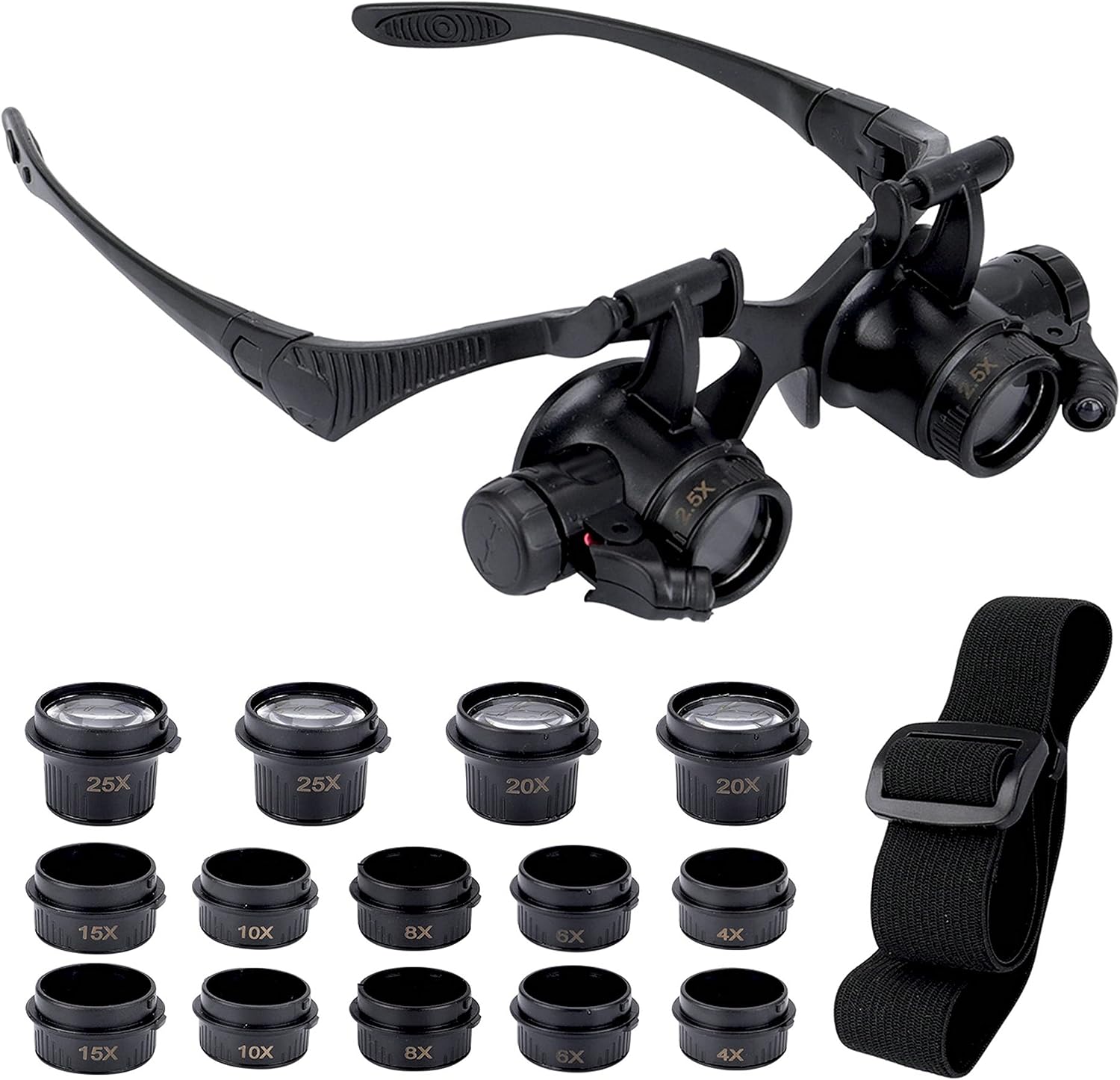 Lunettes loupe frontales JUSCH à 8 lentilles détachables, 2 LED et serre-tête interchangeable, grossissement 2,5x à 25x