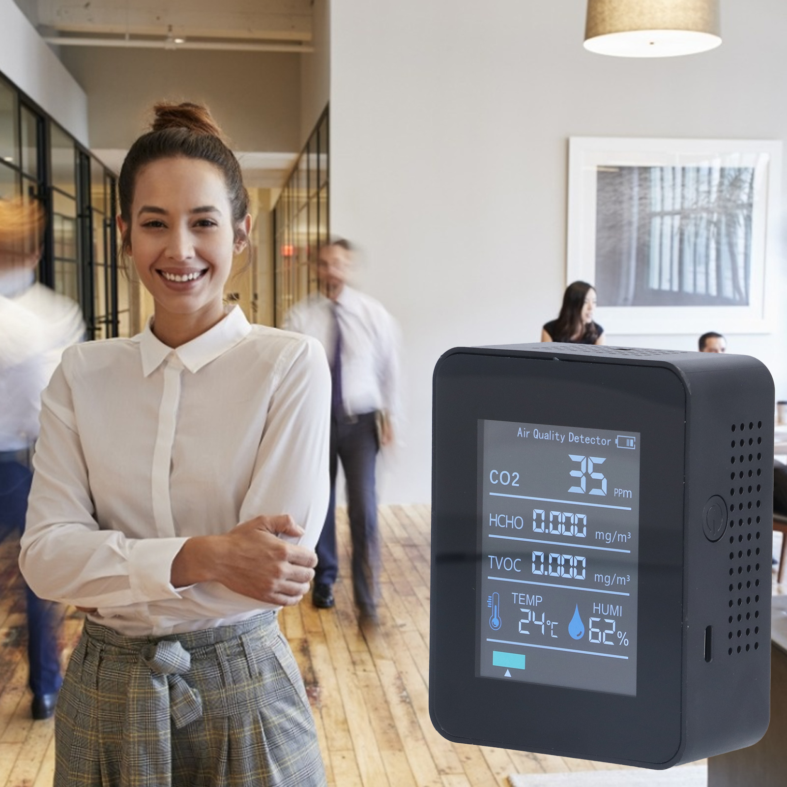 Analizzatore D'Aria Portatile In Abs, Rilevatore Di Formaldeide, Co2, Tvoc, Temperatura, Umidità E Qualità Dell'aria Per Casa E Ufficio, Colore Nero.