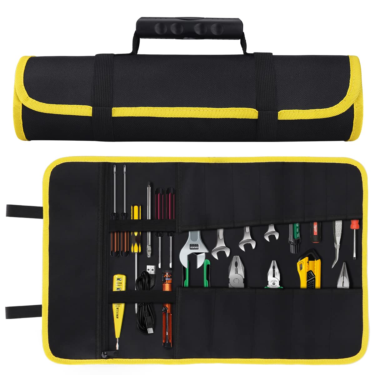 Sac à outils enroulable en oxford 600D avec poches zippées, 58,5 x 35,5 cm