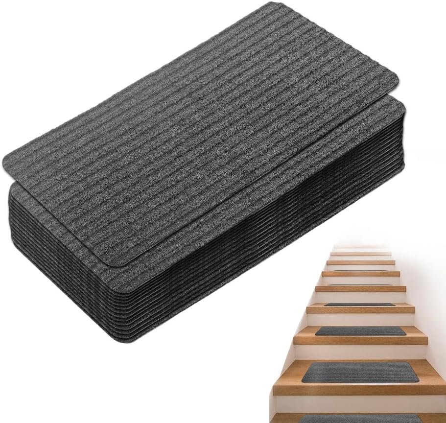 Marchettes d'escalier antidérapantes en polyester, dos adhésif TPR, gris, lot de 15