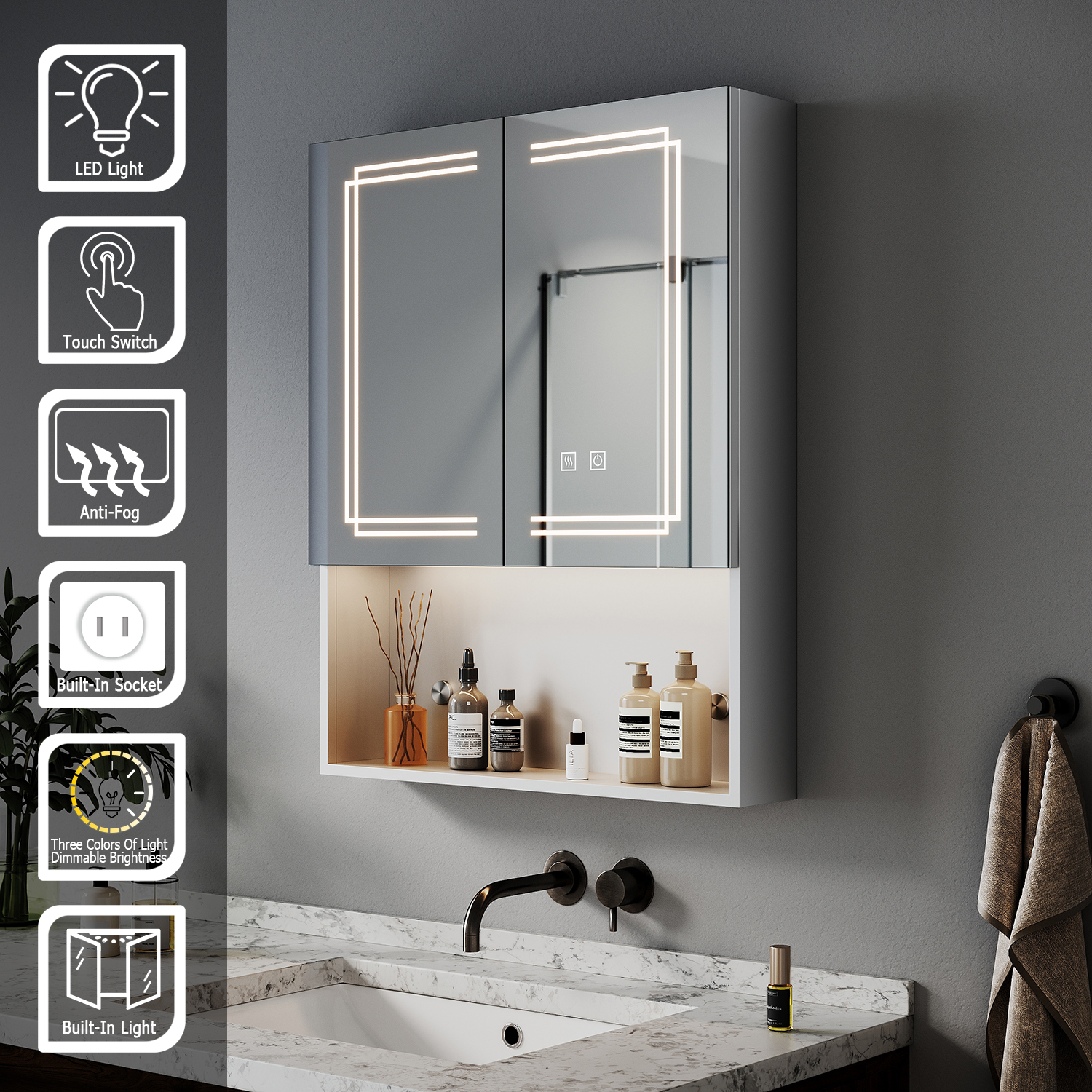 Sirhona - Armoire Murale De Salle De Bain Avec Prise Rasoir 3 Modes
