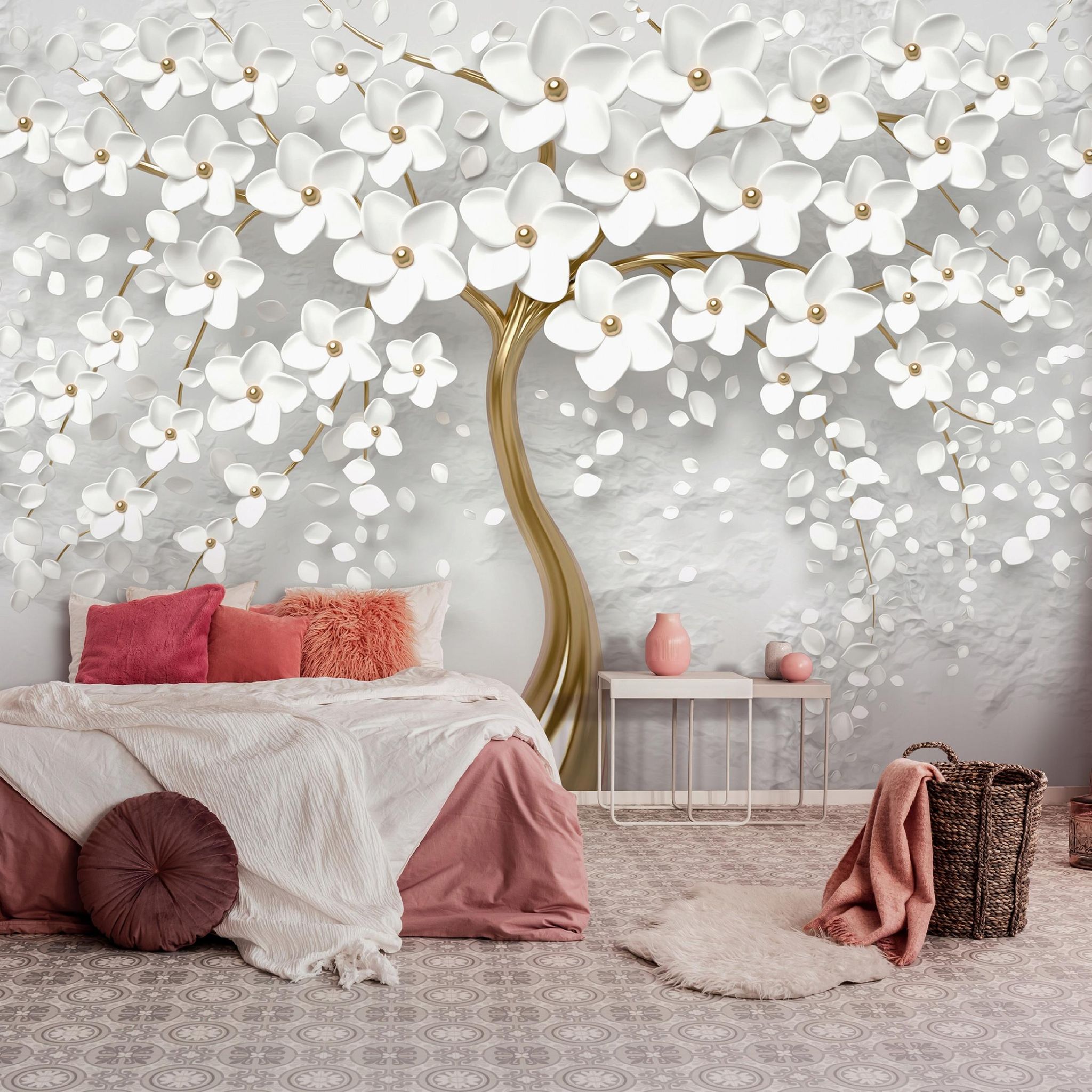Wallarena Vlies Fototapete Baum Blumen 150x105 Cm, Tapeten, Für Wohn Und Schlafzimmer, Vliestapete Wandtapete Tapete 3d Effekt- Inkl. Kleister - Weiß Gold