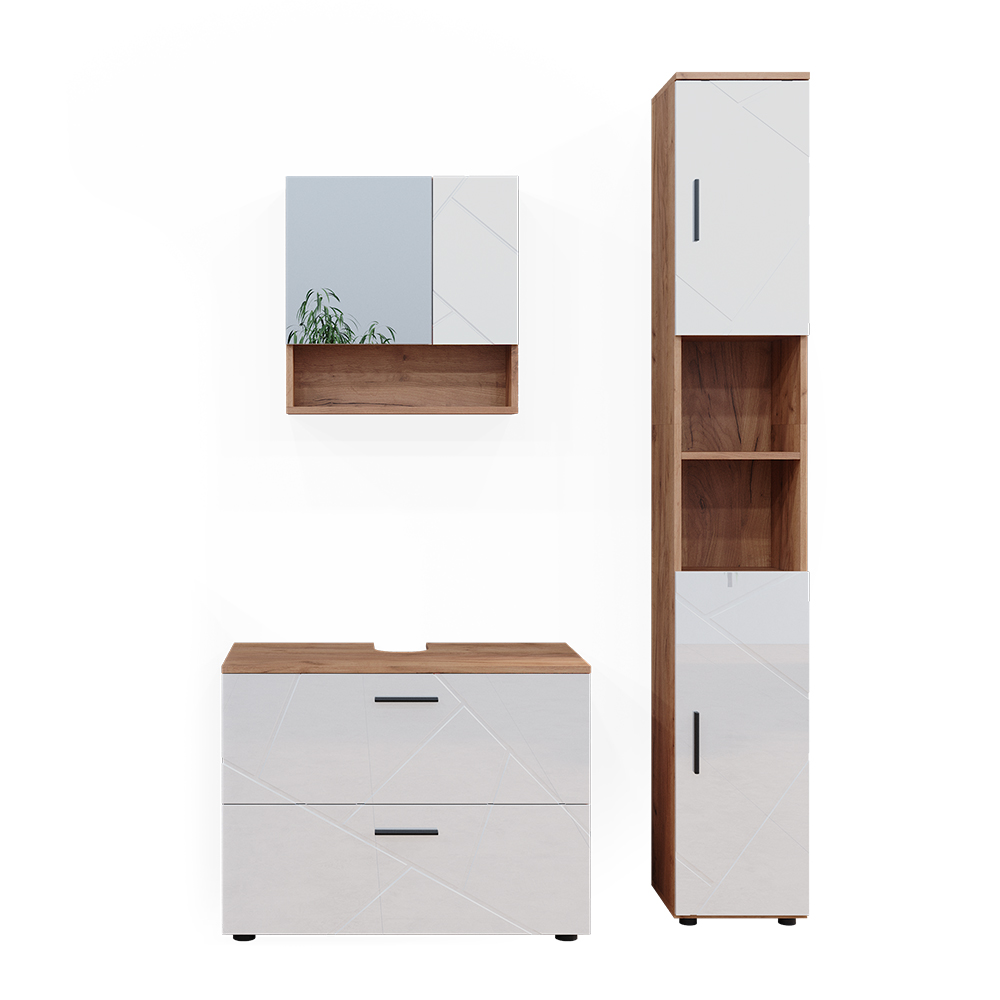 Vicco Set Di Mobili Da Bagno Irma, Bianco Lucido oro Power Oak, 3 P...