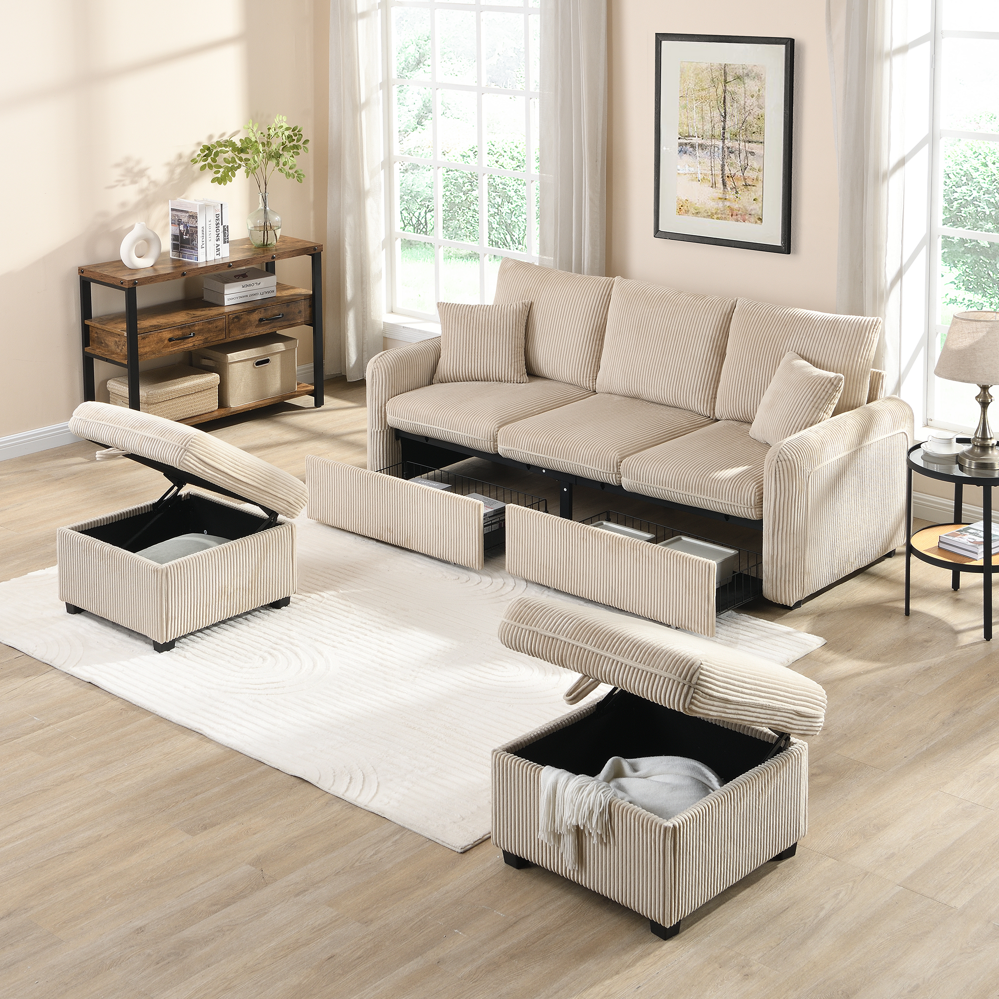 Canapé 3 Places Avec Rangement, 2 Tiroirs, 2 Tabouret, Modules À Combinaison Libre, 2 Coussins, Velours Côtelé, Beige