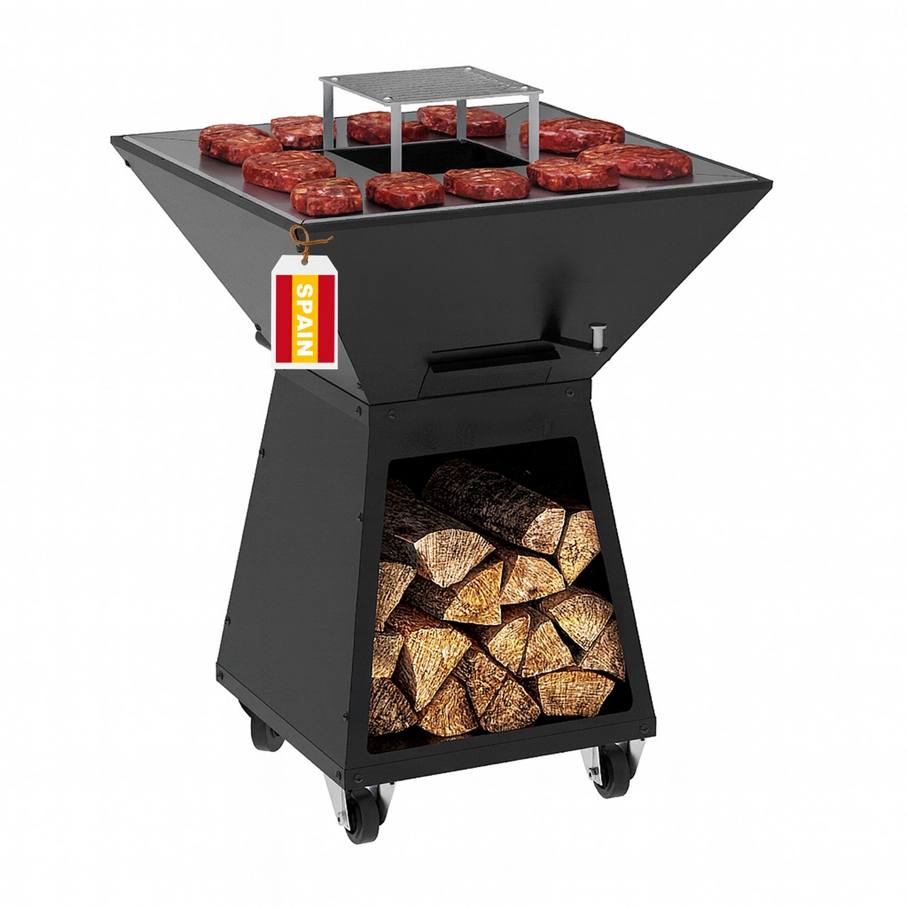 Barbecue A Legna Quadrato Professionale Con Braciere Con Mattoni Refrattari, Plancha 72x72 Cm, H 97cm 4 Ruote E Ampio Portalegna - Made In Spain SOLEILUX